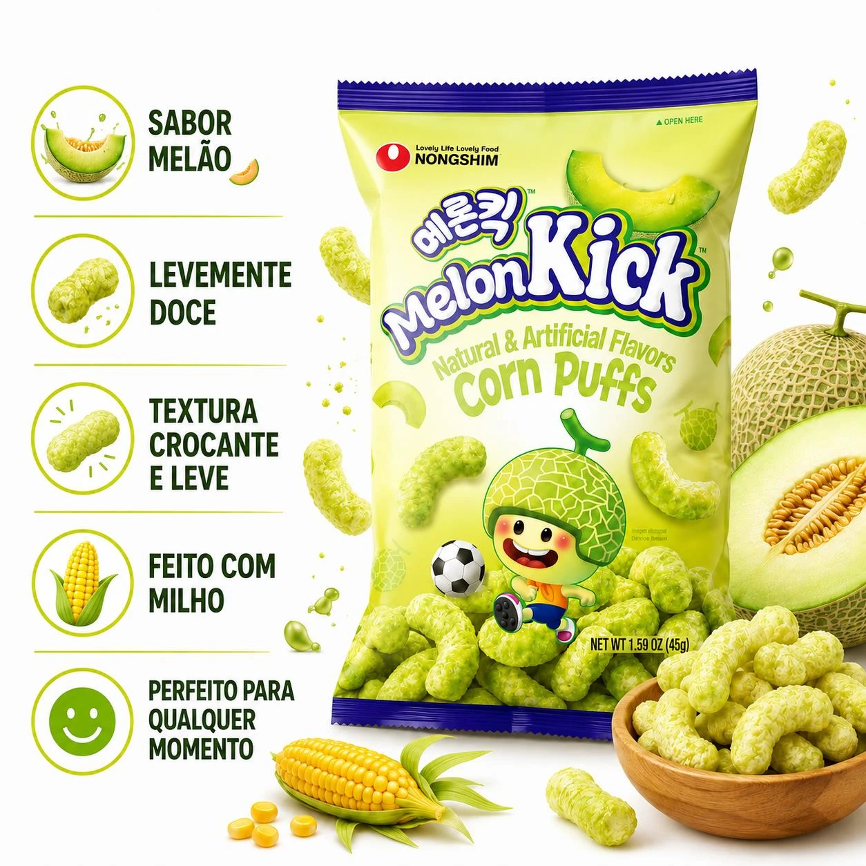 SALGADINHO NONGSHIM MELON KICK CORN PUFFS MELAO 45G COREIA
