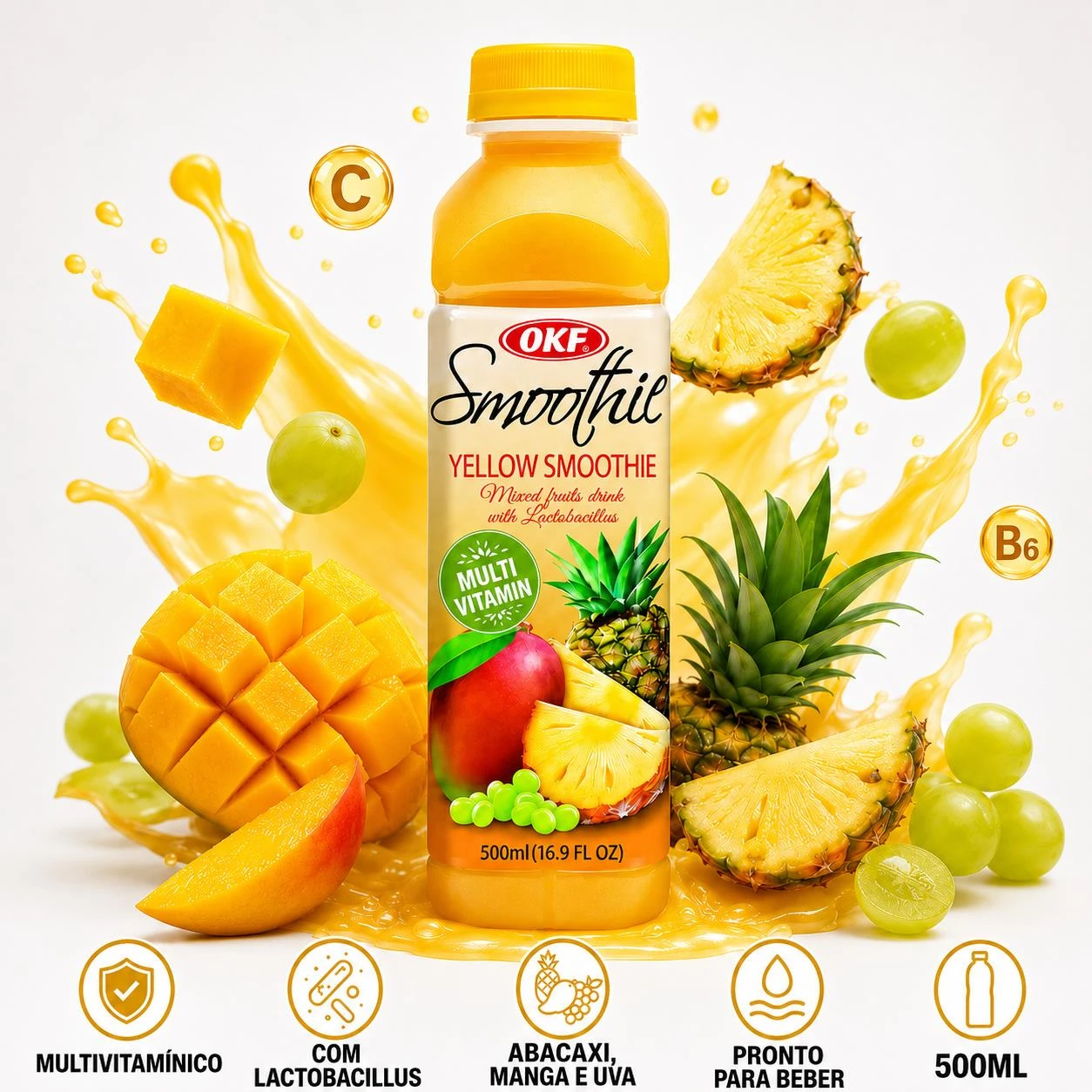 BEBIDA OKF SMOOTHIE YELLOW DRINK ABACAXI, MANGA, UVA 500ML