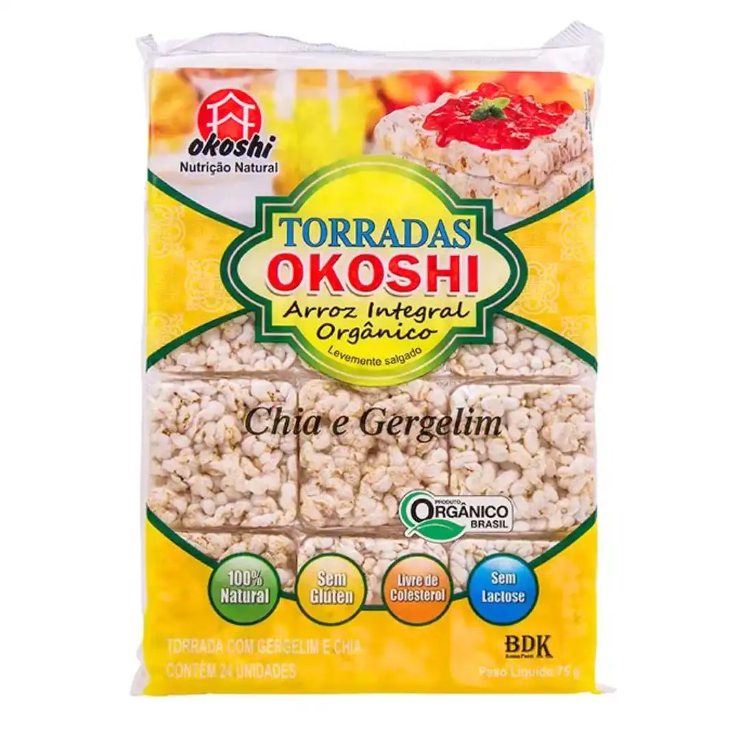 TORRADA DE ARROZ INTEGRAL ORGANICO OKOSHI CHIA GERGELIM 75G