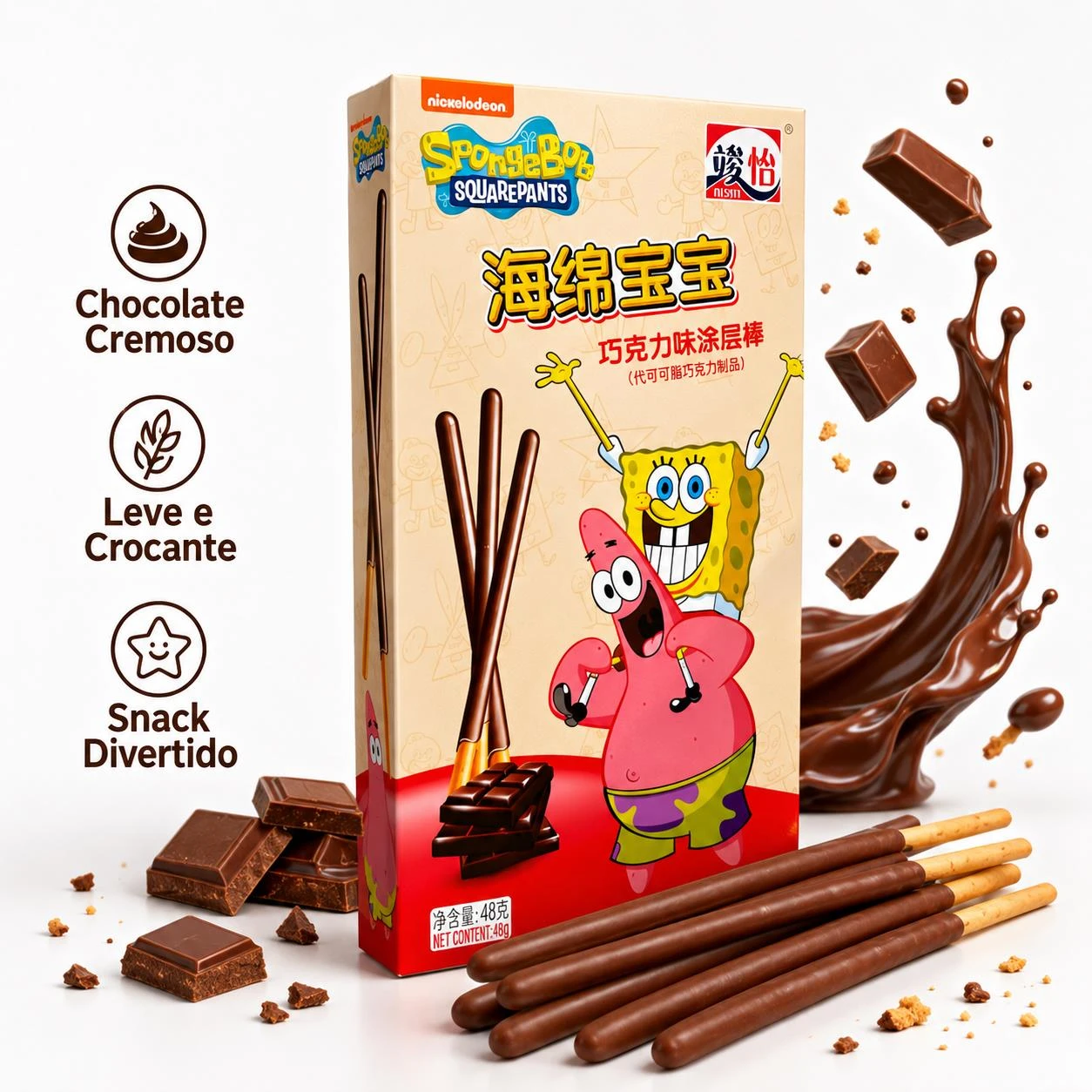 PALITOS DE BISCOITO BOB ESPONJA COBERTURA CHOCOLATE 48G CN