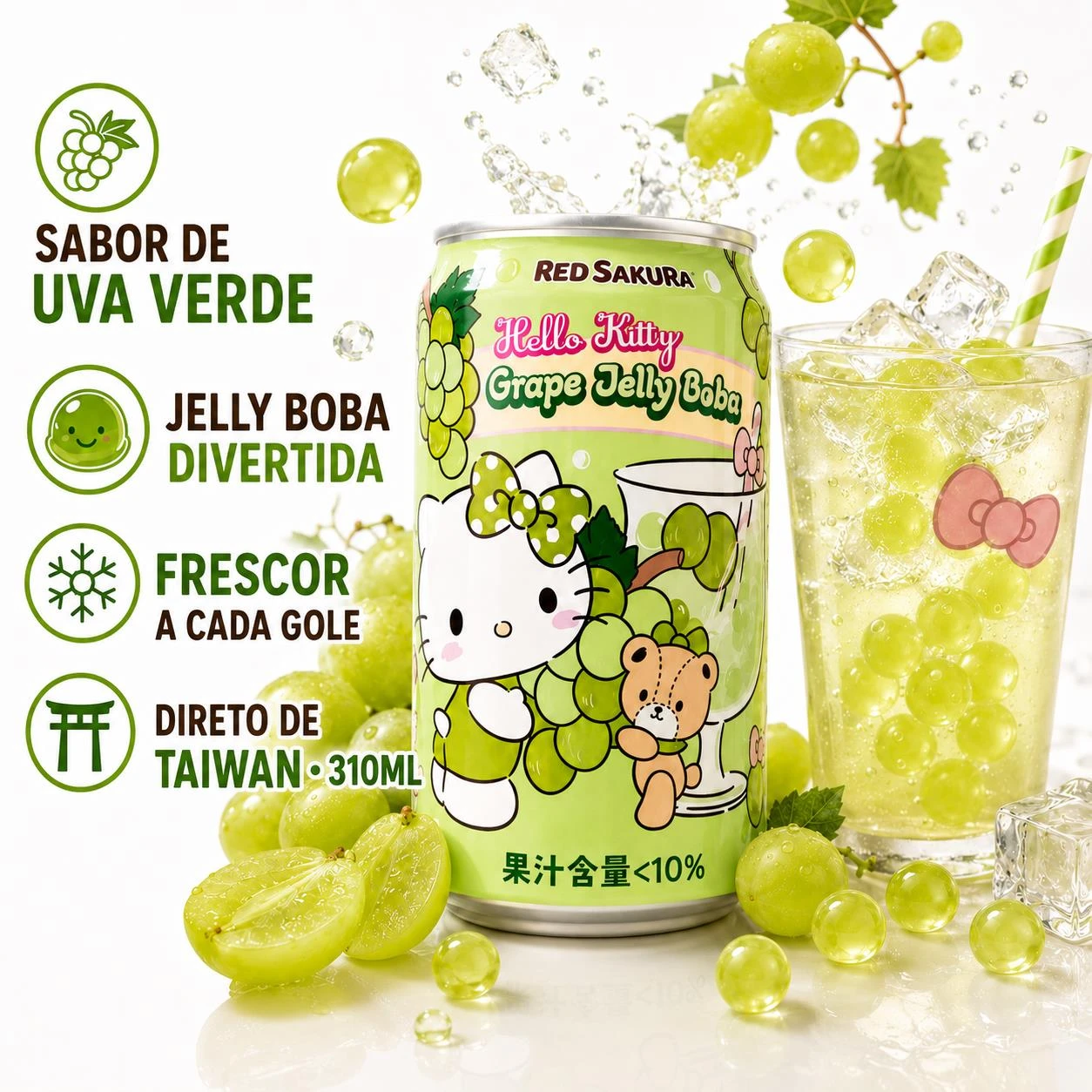 BEBIDA HELLO KITTY JELLY BOBA UVA COM GELATINA 310ML TAIWAN