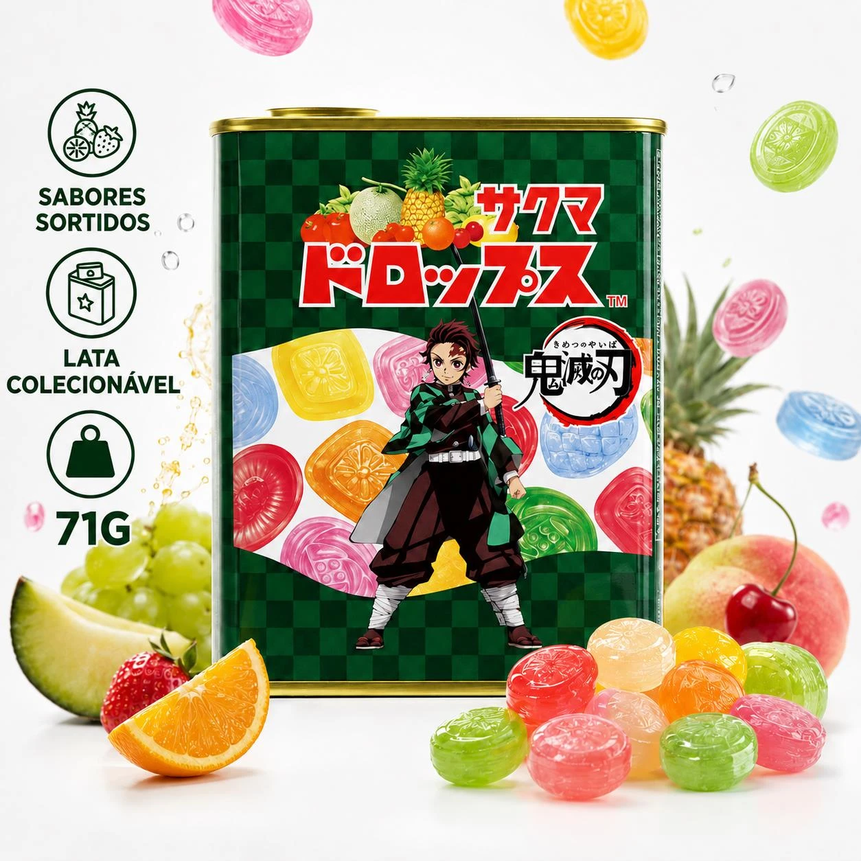BALA EM LATA SAKUMA DAMON SLAYER FRUTAS 71G JAPAO