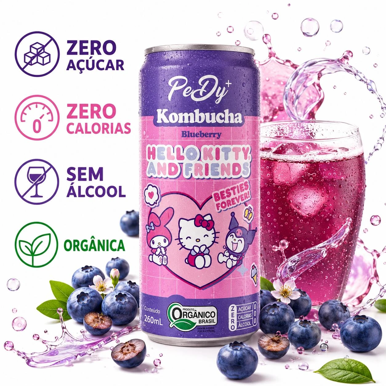 KOMBUCHA HELLO KITTY AND FRIENDS BLUEBERRY 260ML SEM ALCOOL