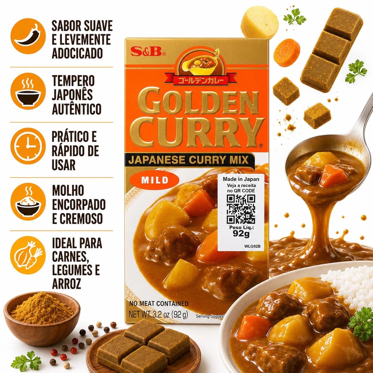 CURRY TABLETE GOLDEN CURRY S&B AMAKUCHI SUAVE 92G JAPAO