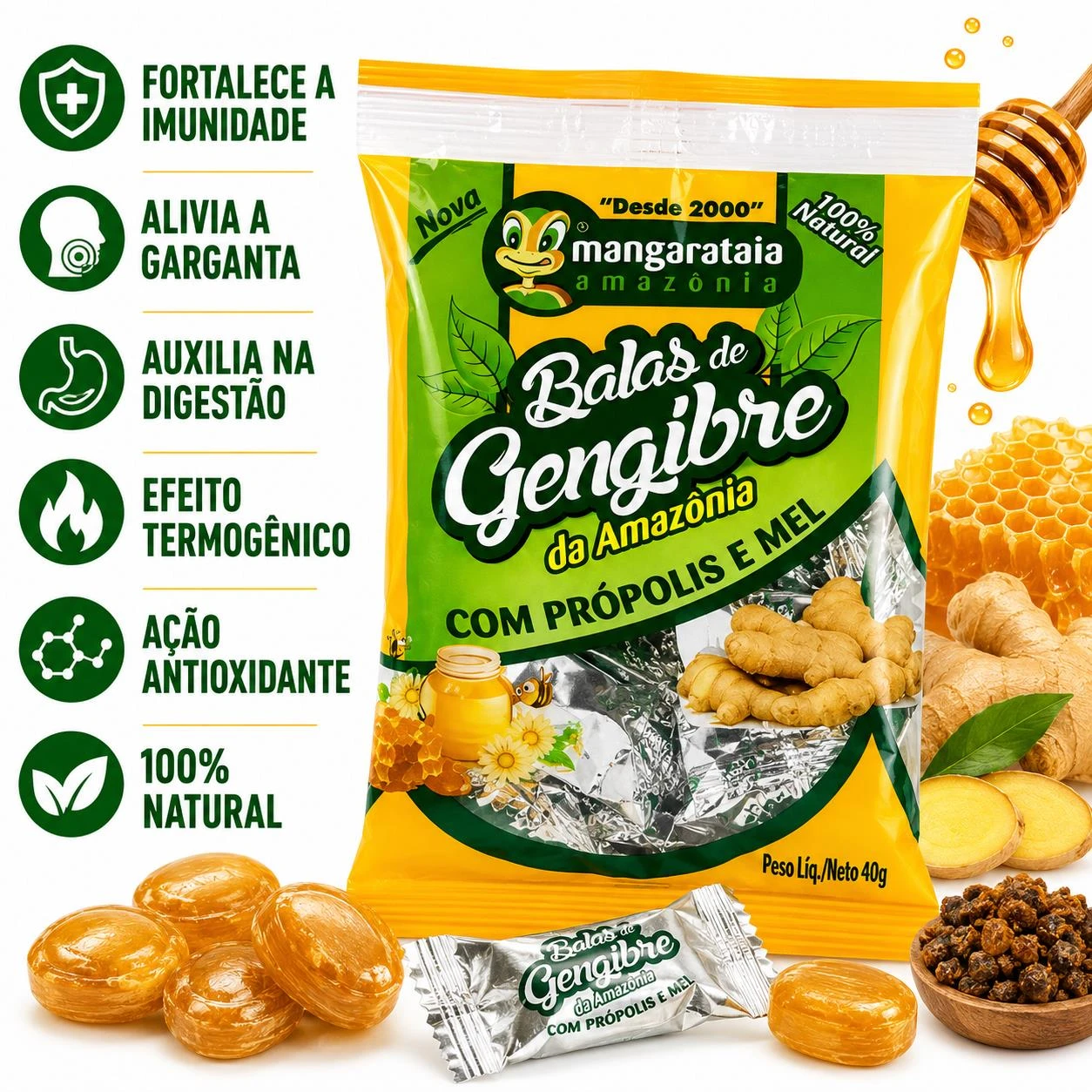 BALA GENGIBRE AMAZONIA COM PROPOLIS E MEL 40G