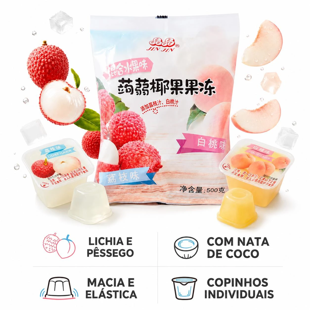 GELATINA JIN JIN KONJAC LICHIA E PESSEGO 500G COPINHO TAIWAN
