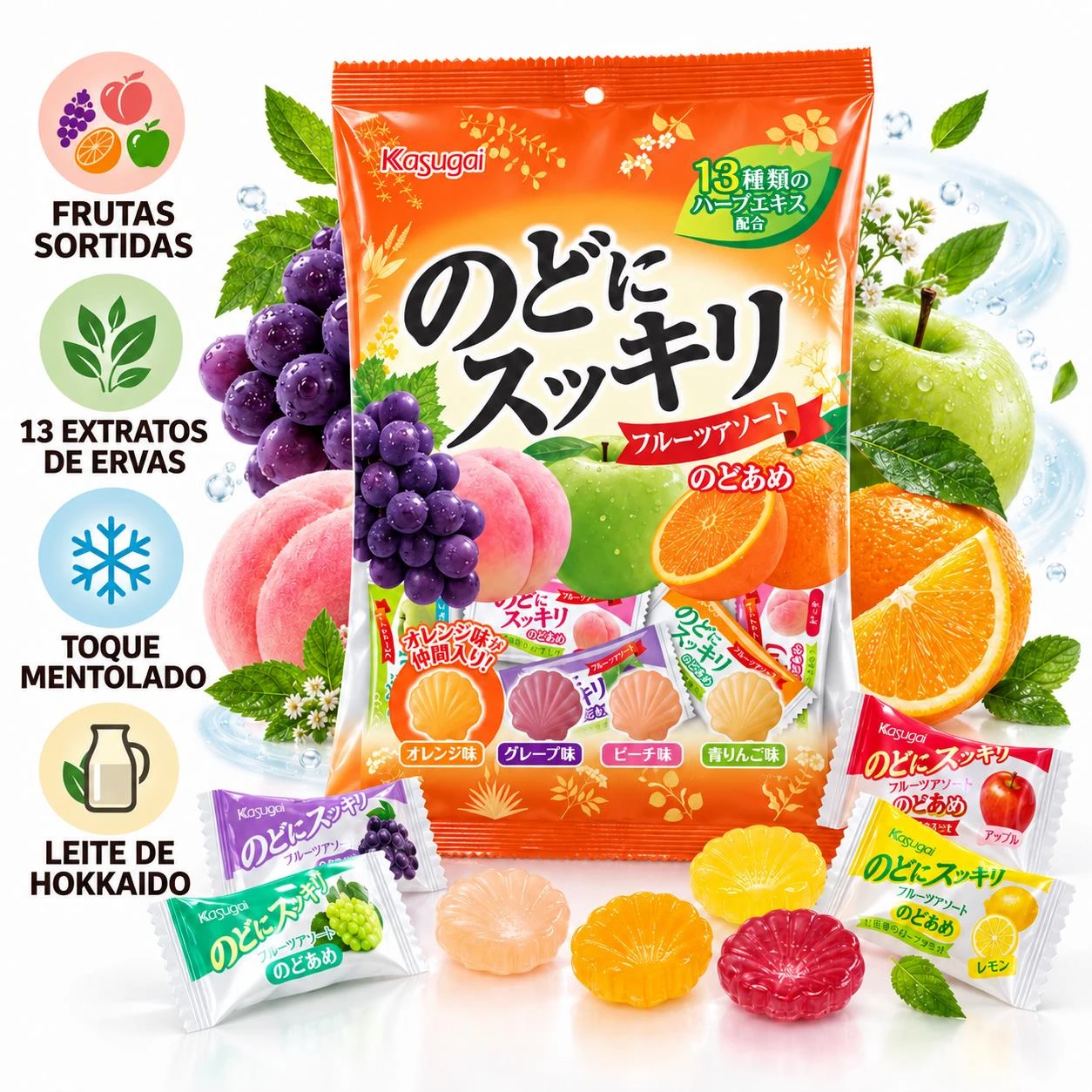BALA KASUGAI NODO NI SUKKIRI FRUTAS SORTIDAS 112G JAPAO