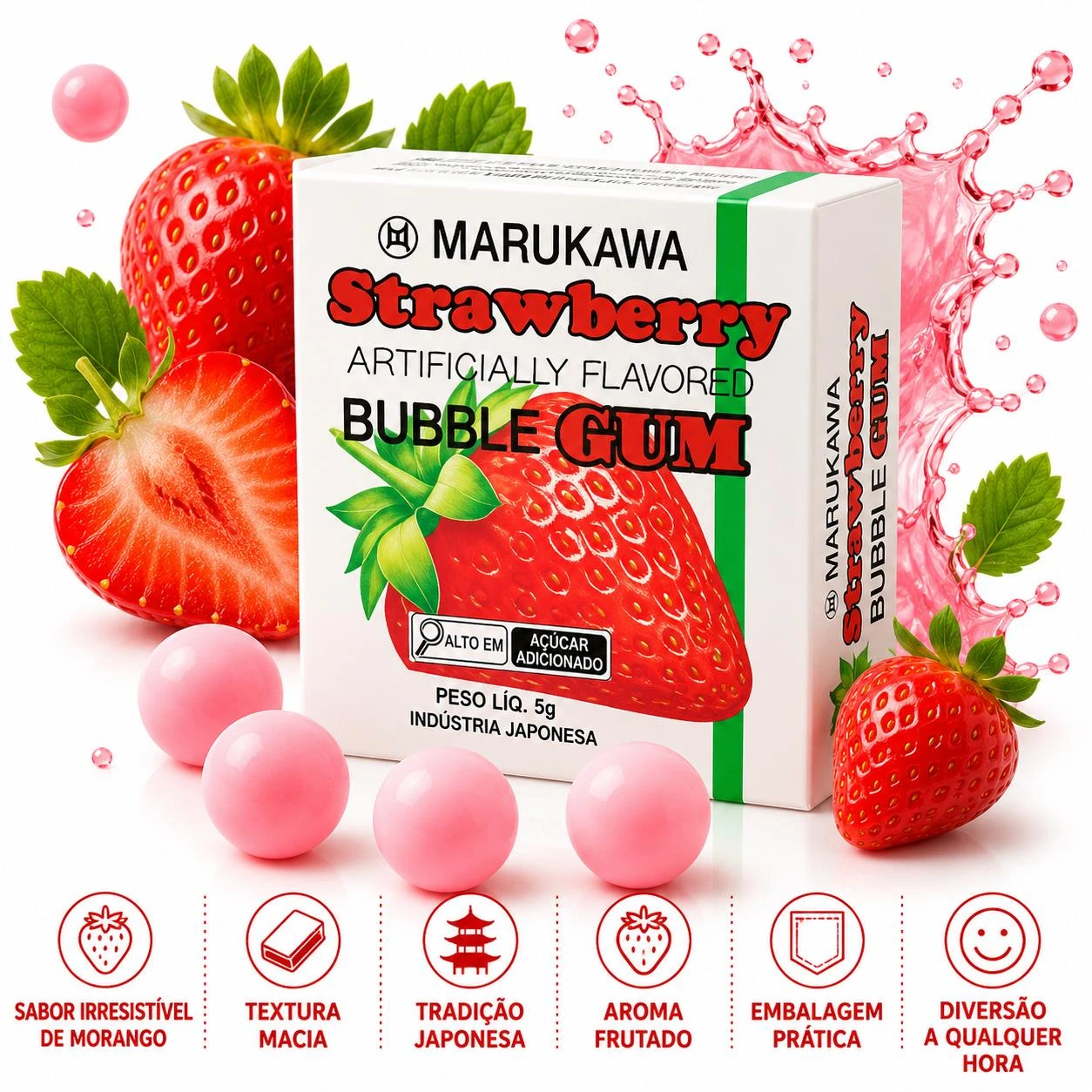 GOMA DE MASCAR MARUKAWA MARBLE GUN STRAWBERRY 5G JAPAO