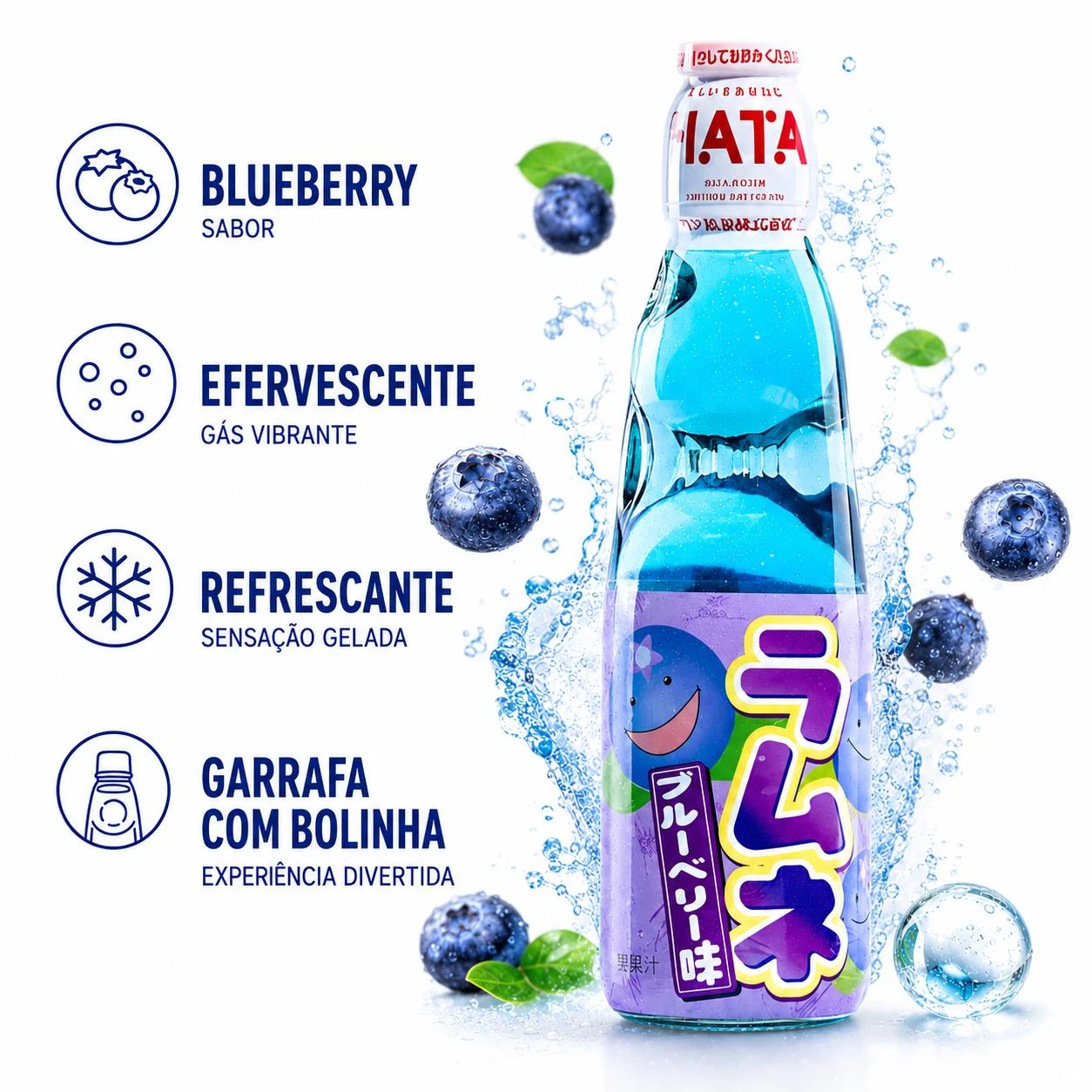 BEBIDA GASEIFICADA RAMUNE HATA BLUEBERRY 200ML JAPAO