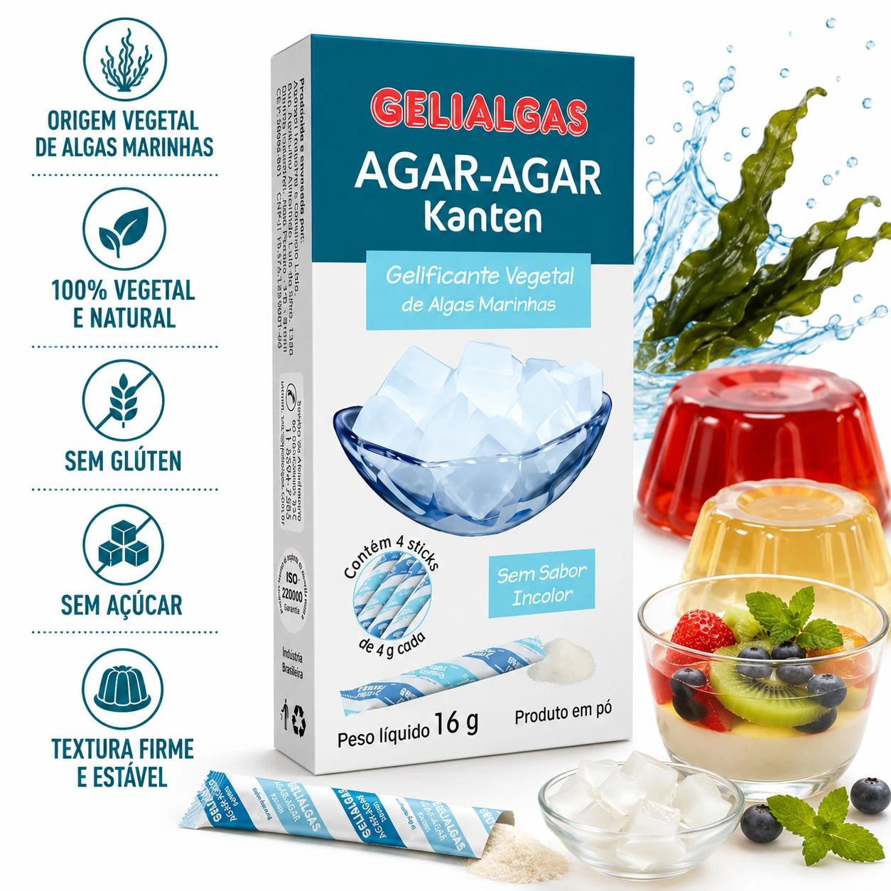 GELATINA DE ALGA MARINHA AGAR AGAR KANTEN GELIALGAS 16G 4UN