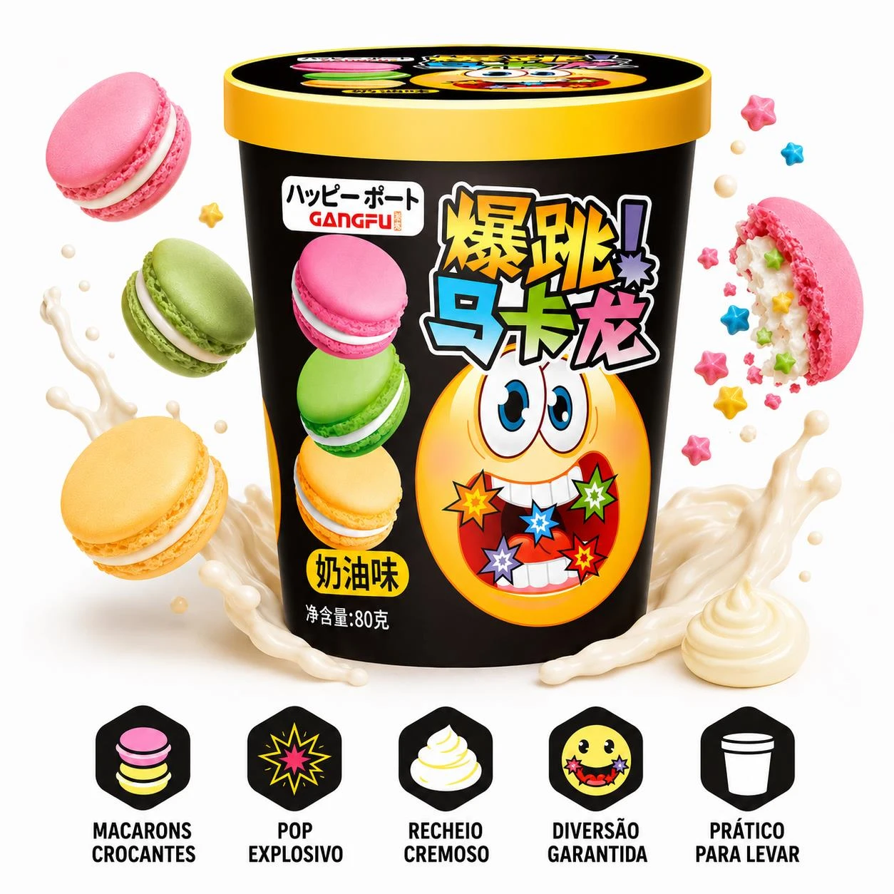 MACARONS POPPING CANDY GANGFU RECHEIO CREME EXPLOSIVO 80G