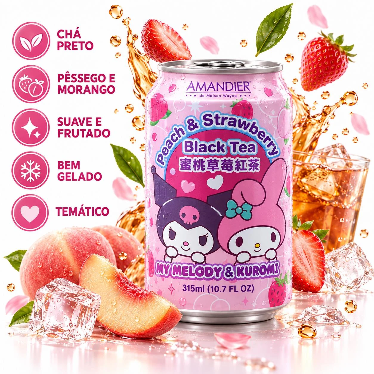 BEBIDA CHA PRETO MY MELODY & KUROMI PESSEGO E MORANGO 315ML