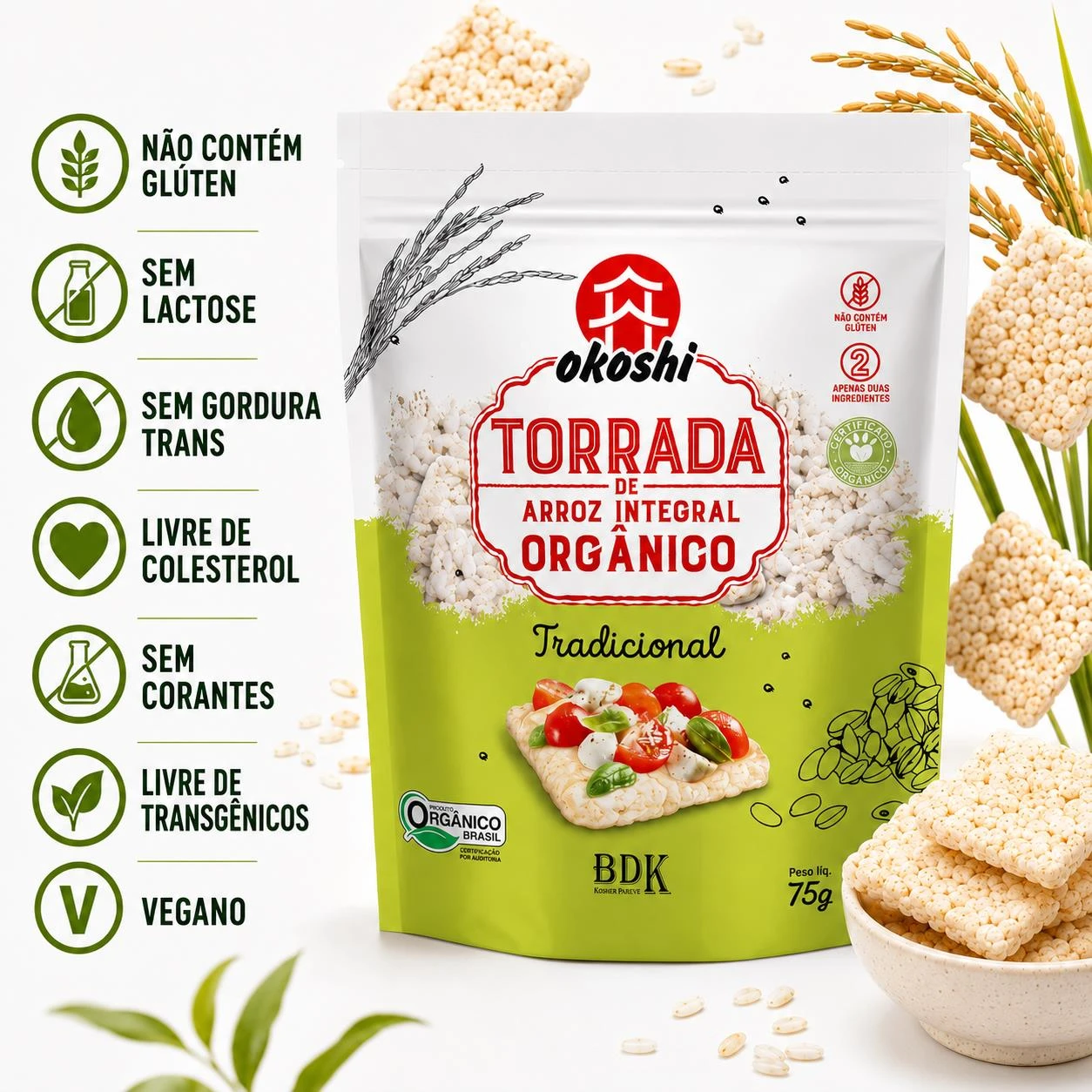 TORRADA DE ARROZ INTEGRAL ORGANICO OKOSHI TRADICIONAL 75G