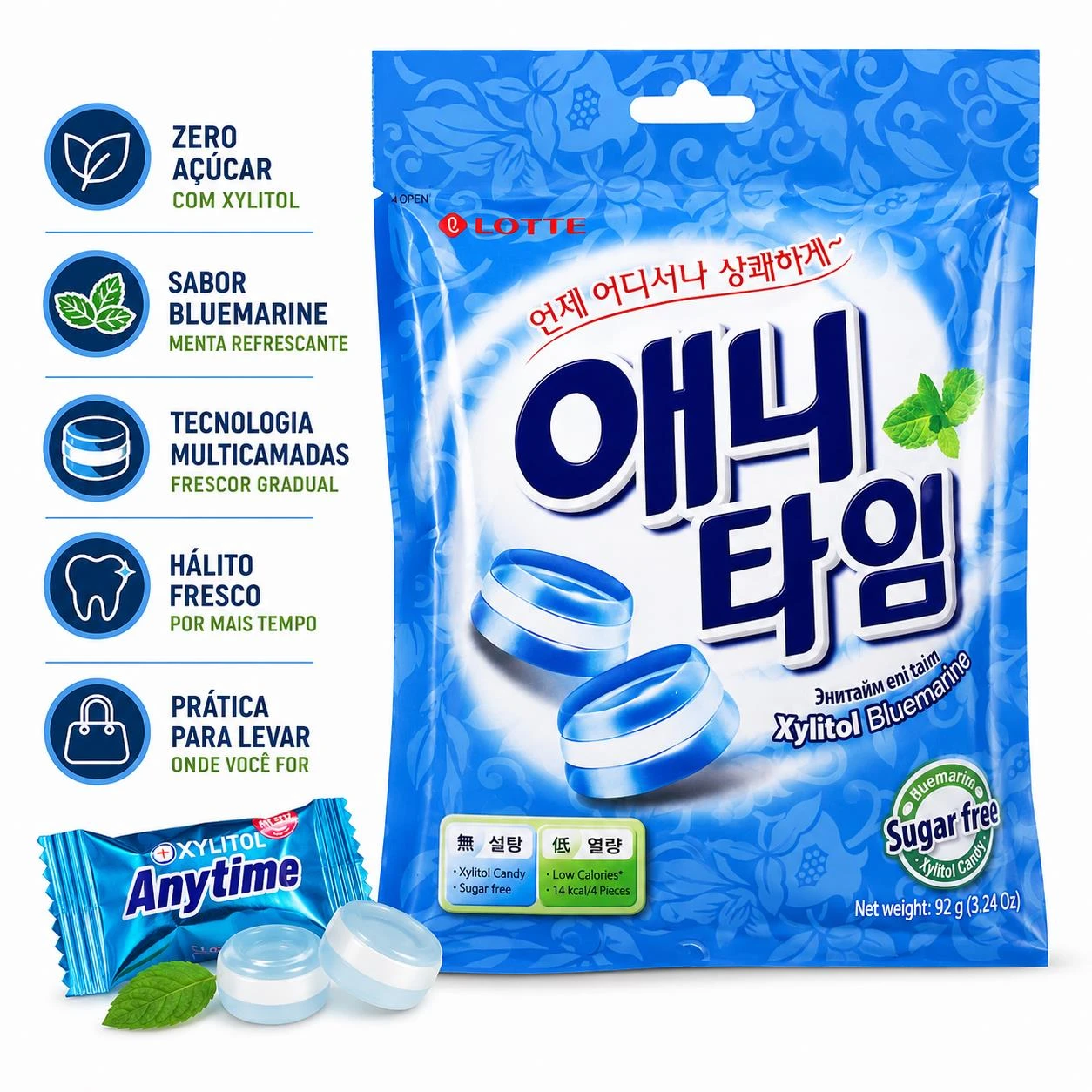 BALA LOTTE ANYTIME BLUEMARINE ZERO ACUCAR XYLITOL 60G COREIA
