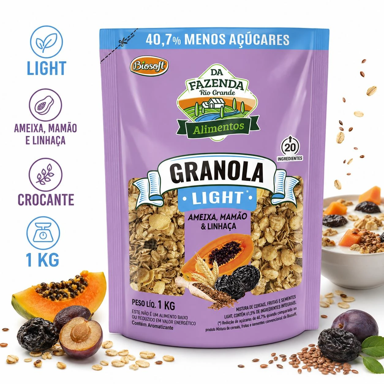 GRANOLA DA FAZENDA AMEIXA MAMAO LINHACA LIGHT 1KG