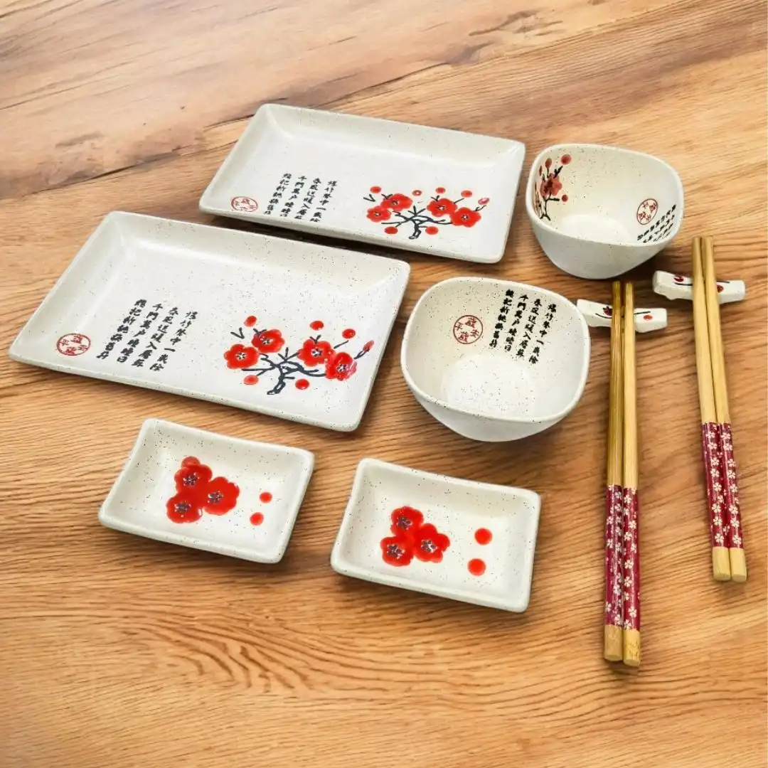 KIT MESA PARA SUSHI PORCELANA 10PCS SAKURA VERM JP0244 CHINA