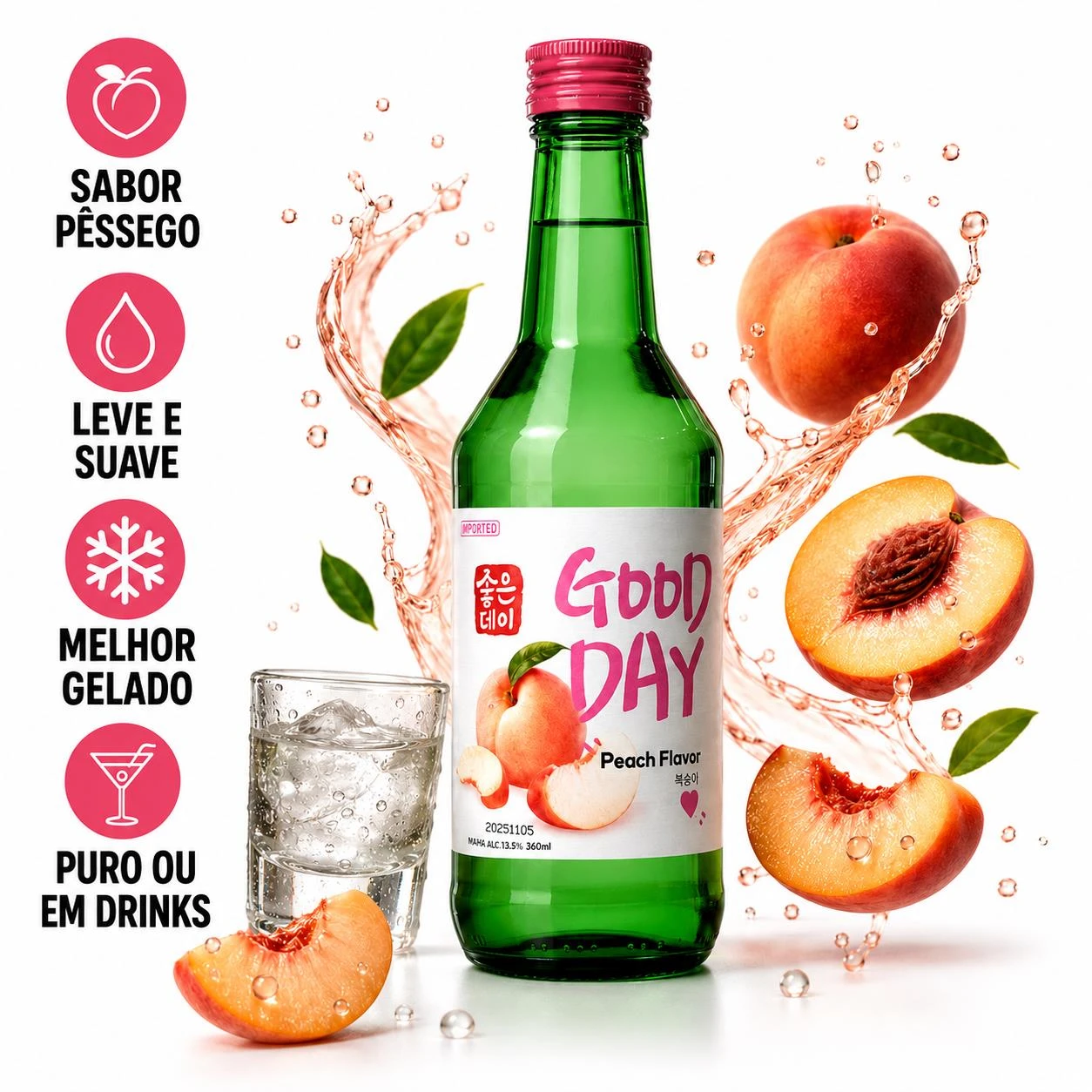 DESTILADO SOJU GOOD DAY PESSEGO 360ML COREIA