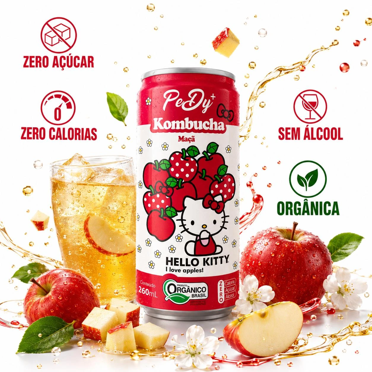 KOMBUCHA HELLO KITTY MACA ORGANICA 260ML SEM ALCOOL