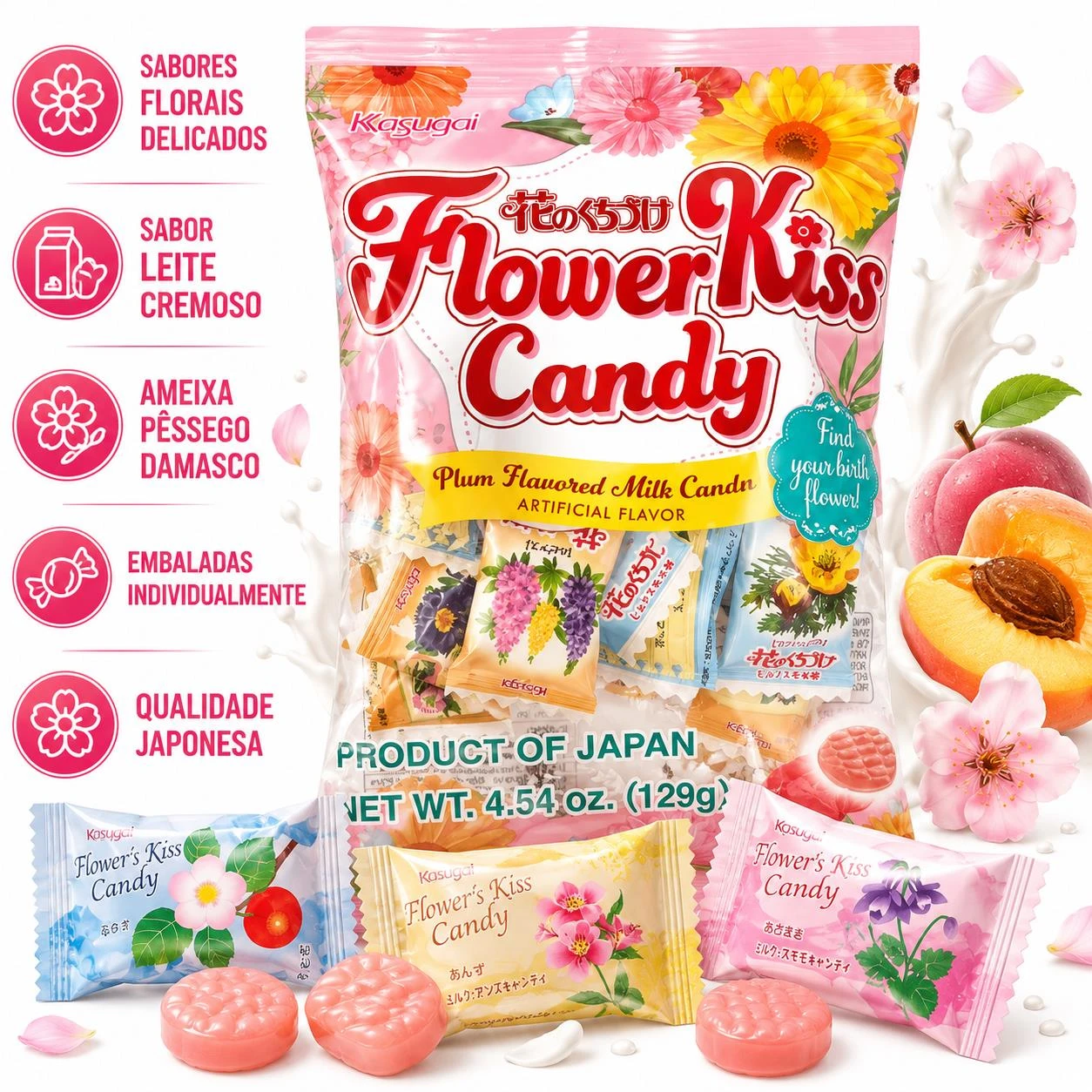 BALA KASUGAI FLOWER KISS MILK NECTAR DE FLOR 130G JAPAO