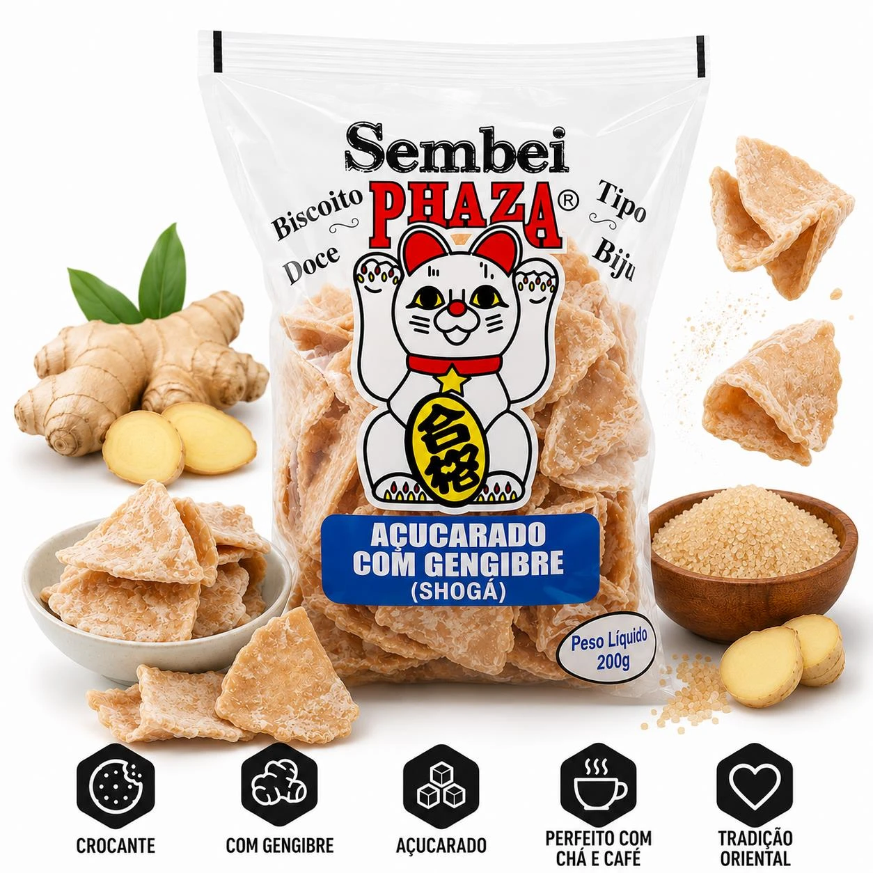 BISCOITO SEMBEI PHAZA GENGIBRE ACUCARADO 200G