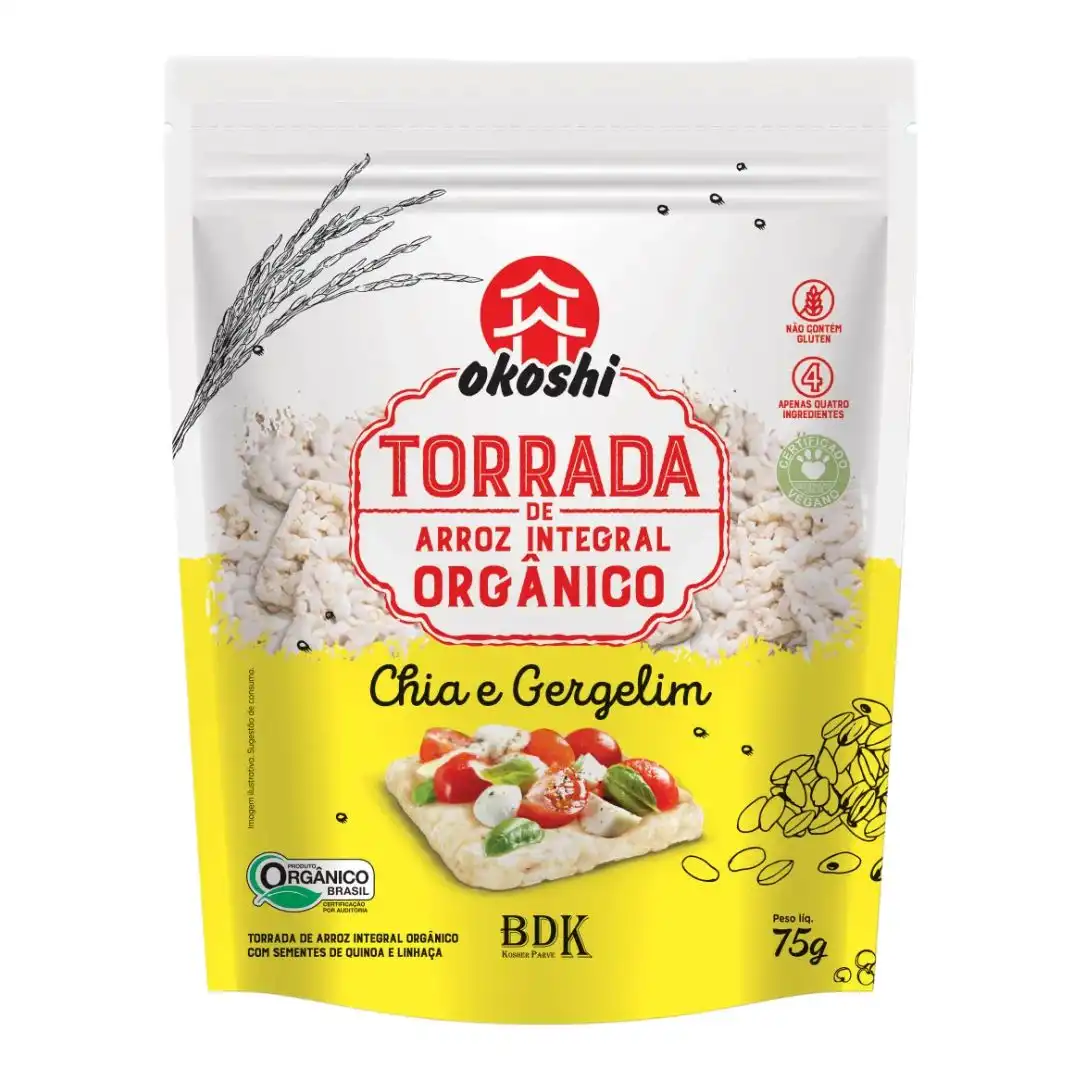 TORRADA DE ARROZ INTEGRAL ORGANICO OKOSHI CHIA GERGELIM 75G