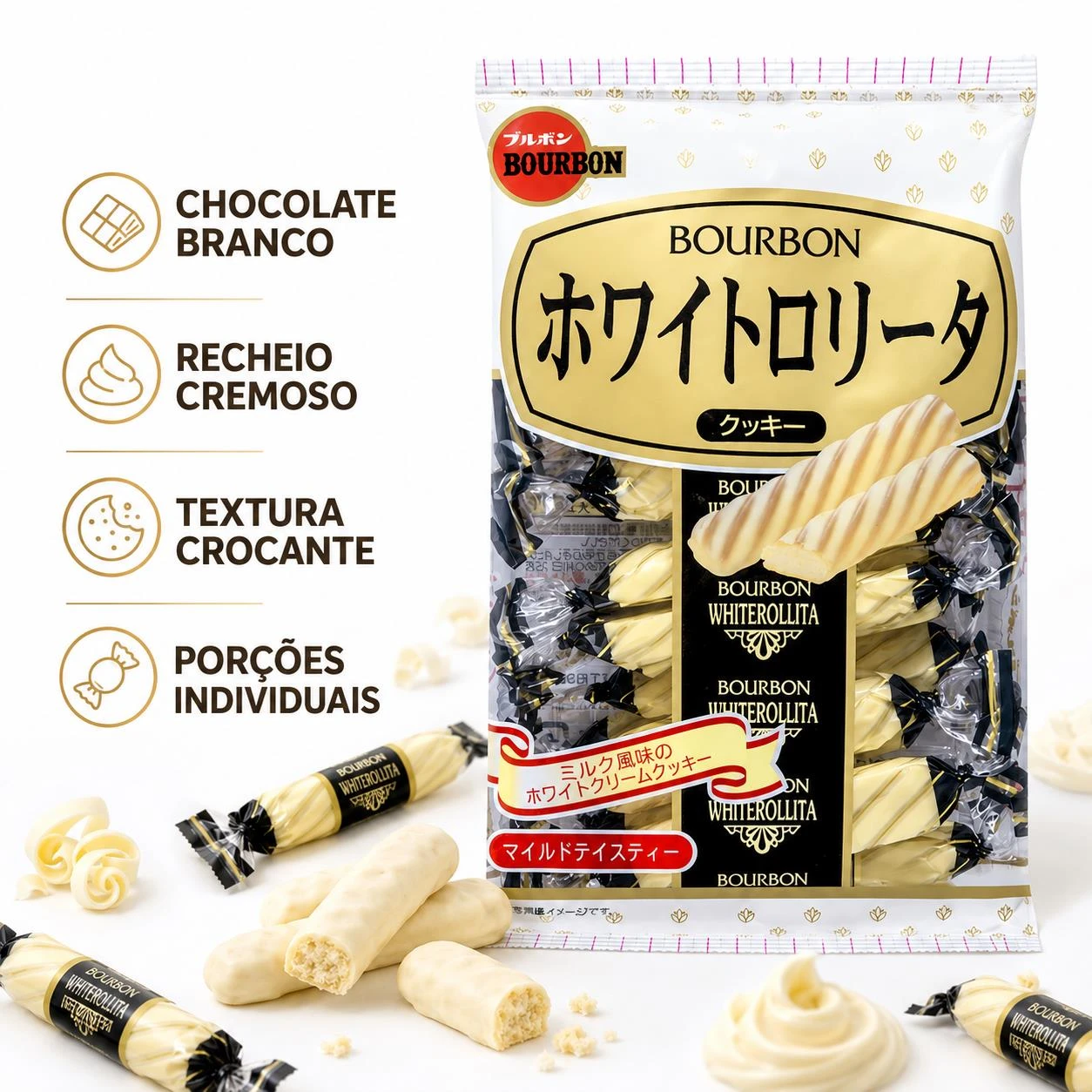 BISCOITO CHOCOLATE BRANCO BOURBON WHITEROLLITA 98G JAPAO