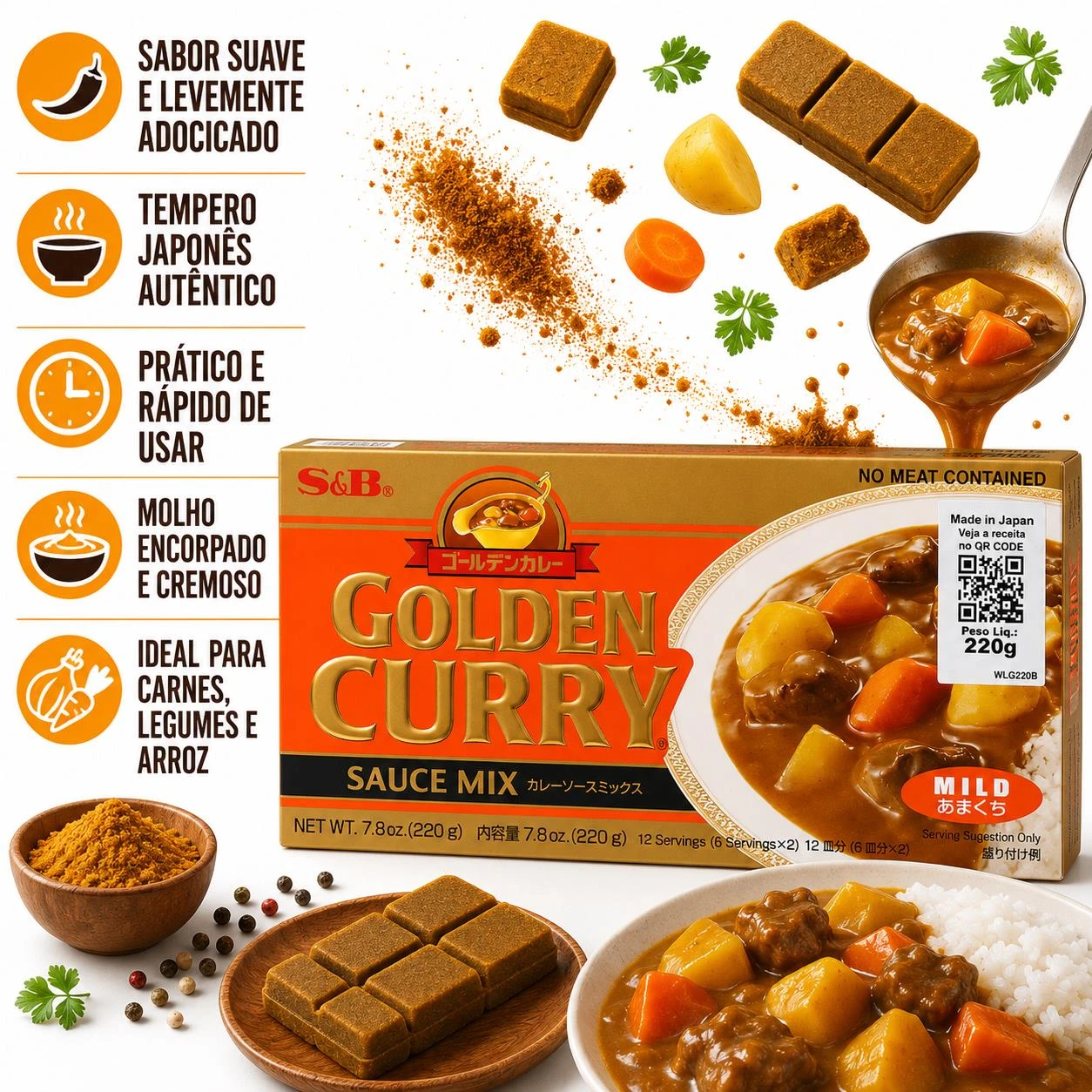 CURRY TABLETE GOLDEN CURRY S&B AMAKUCHI SUAVE 220G JAPAO