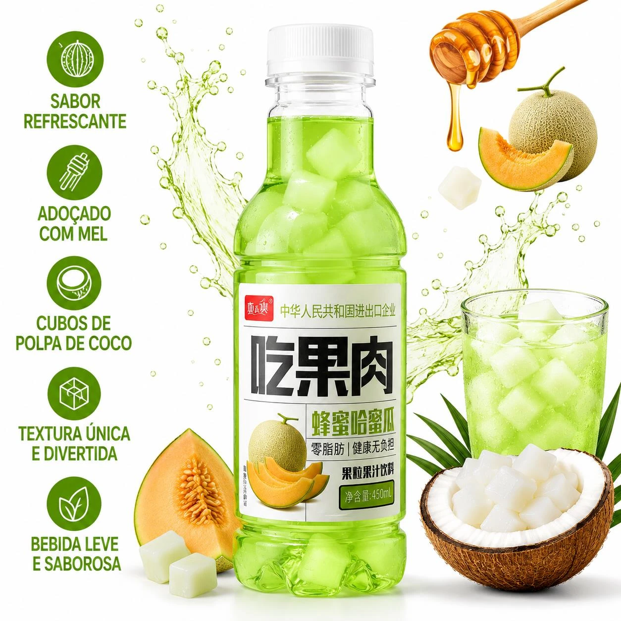 SUCO JIAOZUO MELAO E MEL COM CUBOS POLPA COCO 450ML CHINA