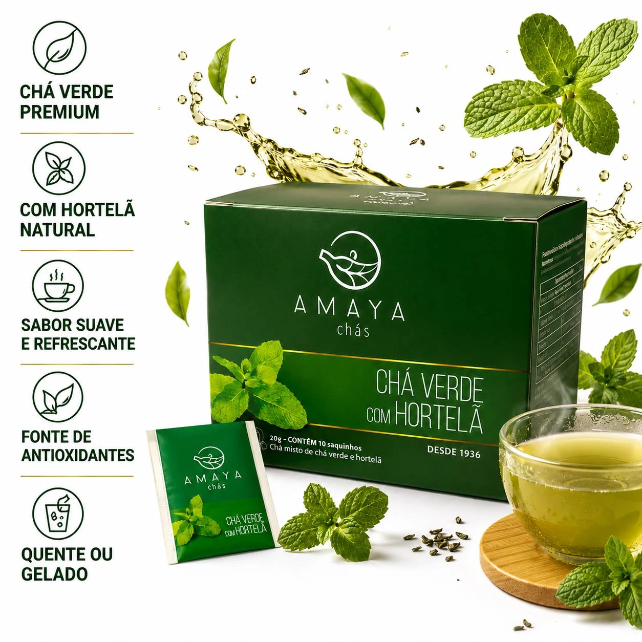 CHA VERDE COM HORTELA AMAYA 20G 10 SACHES