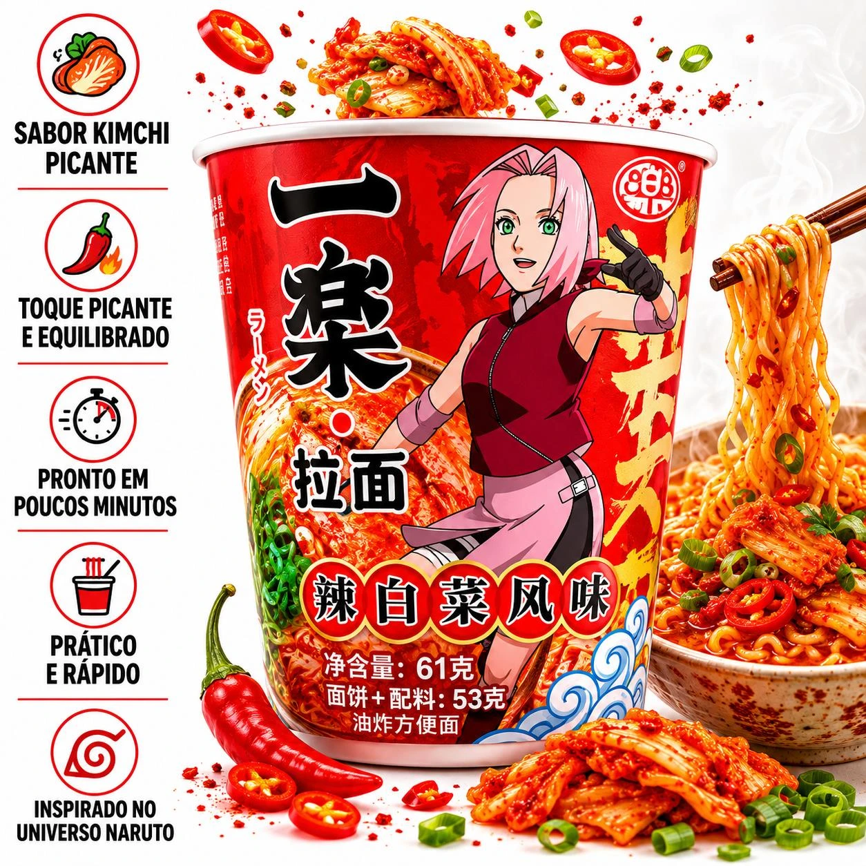 MAC INST NOODLES NARUTO SAKURA KIMCHI PICANTE COPO 61G CN