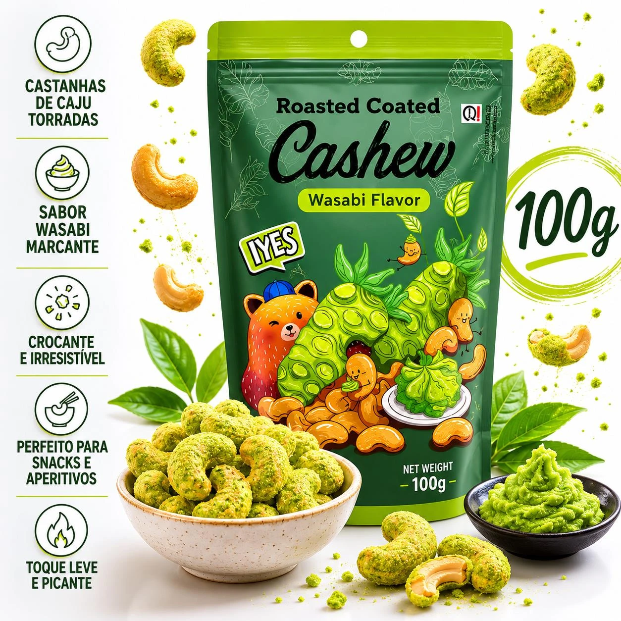 SNACK CASTANHA CAJU TORRADA COM WASABI IYES 100G INDONESIA