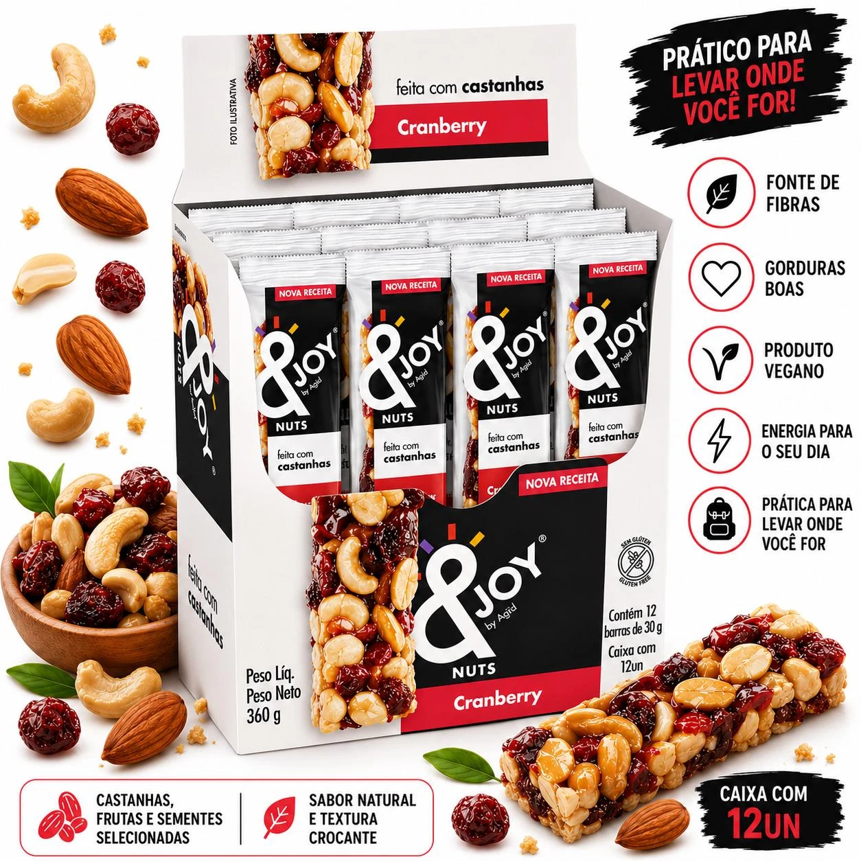 BARRA MIXED NUTS &JOY CRANBERRY 360G CAIXA 12X30G