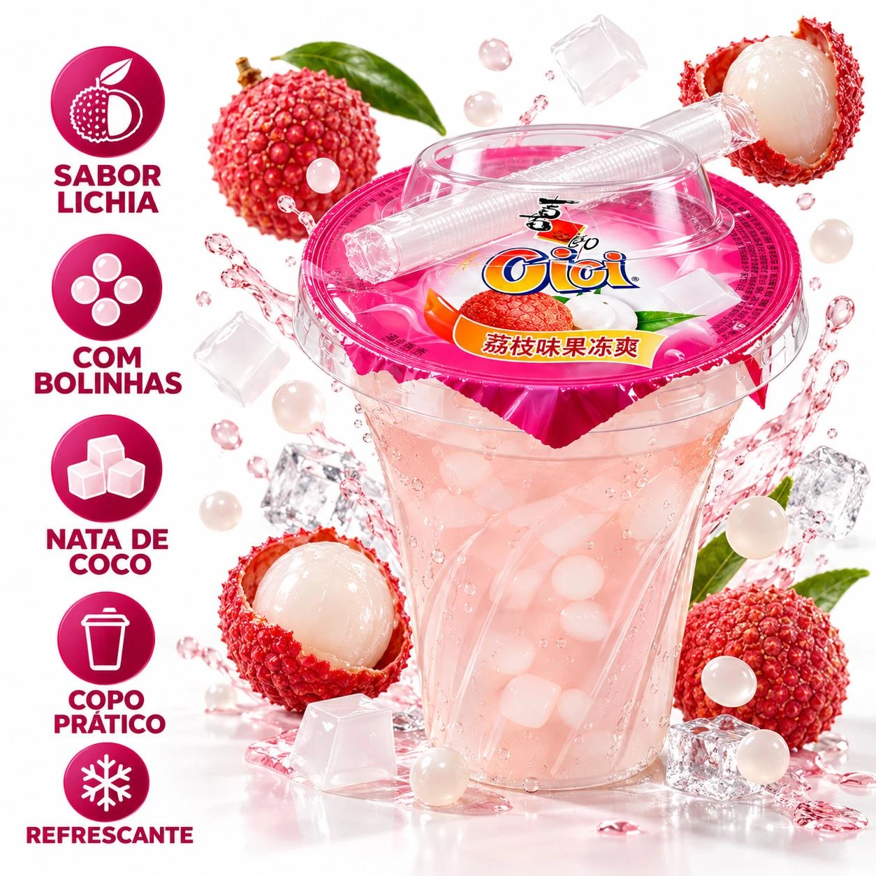 GELATINA CICI LICHIA COM BOLINHAS E NATA DE COCO COPO 218G