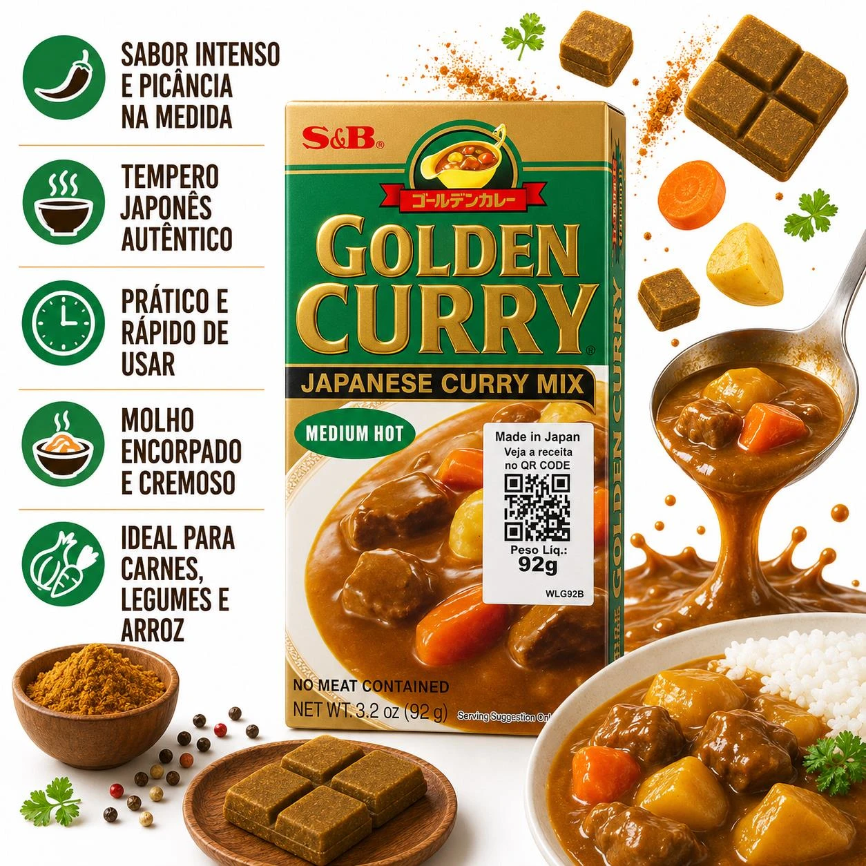 CURRY TABLETE GOLDEN CURRY S&B CHUKARA MEDIO 92G JAPAO