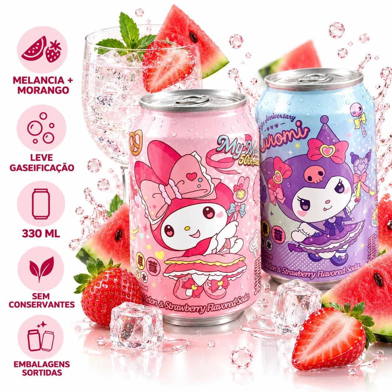 REFRI KUROMI OU MY MELODY MELANCIA E MORANGO 330ML TAIWAN