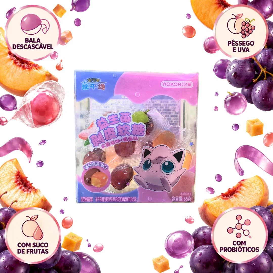 BALA DESCASCAVEL POKEMON JIGGLYPUFF PESSEGO E UVA 55G CHINA