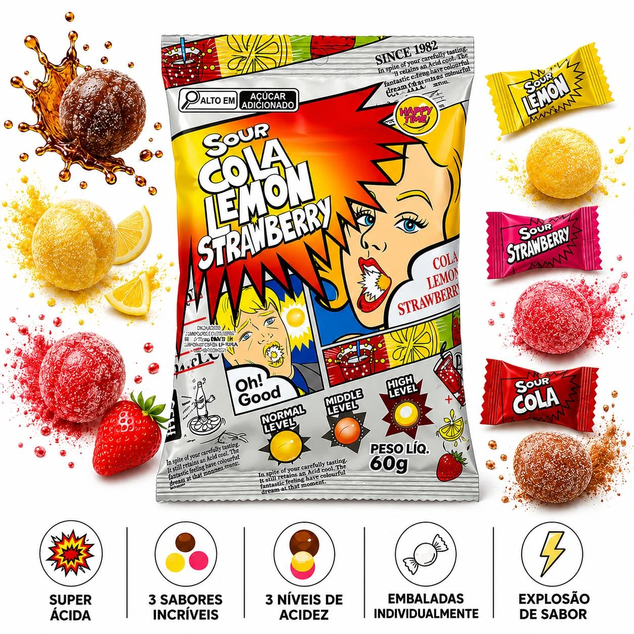 BALA SOUR COLA LEMON STRAWBERRY SUPER ACIDA 60G CHINA