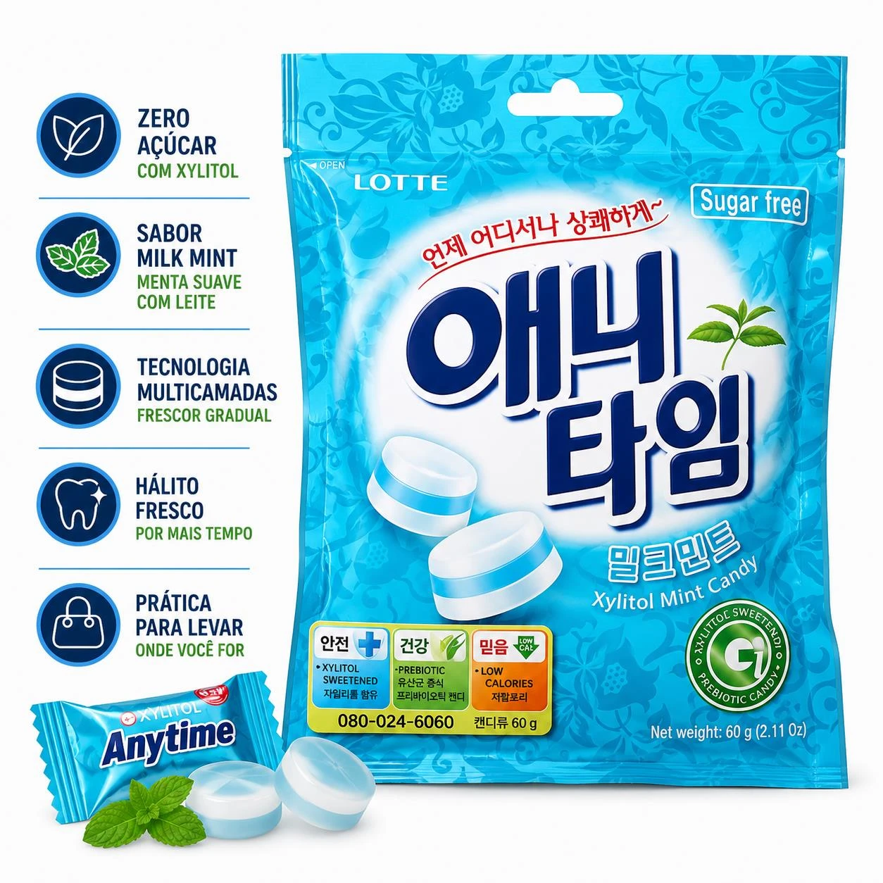 BALA LOTTE ANYTIME MILK MINT ZERO ACUCAR XYLITOL 60G COREIA