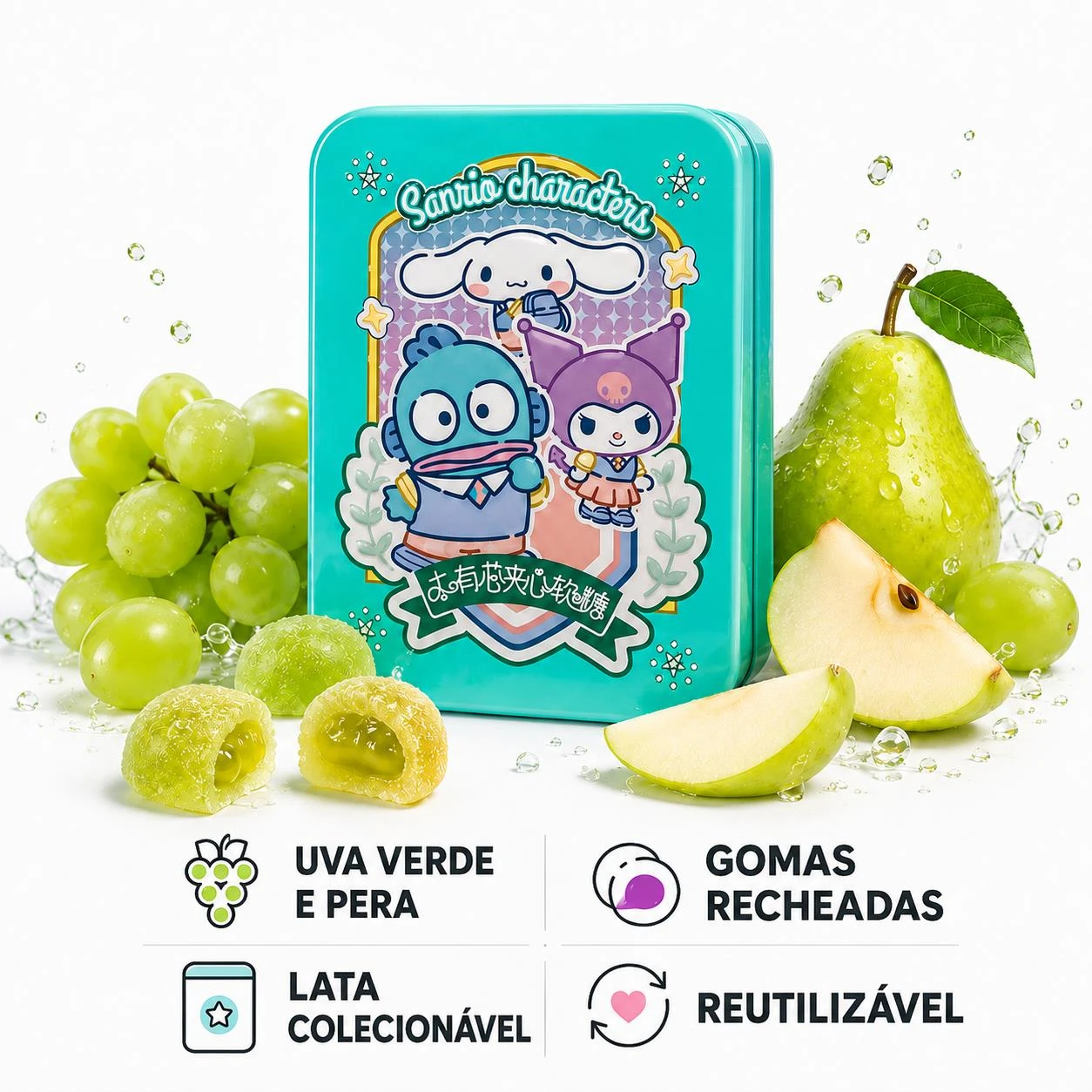 BALA GOMA RECHEADA LATA SANRIO UVA VERDE E PERA 42G CHINA