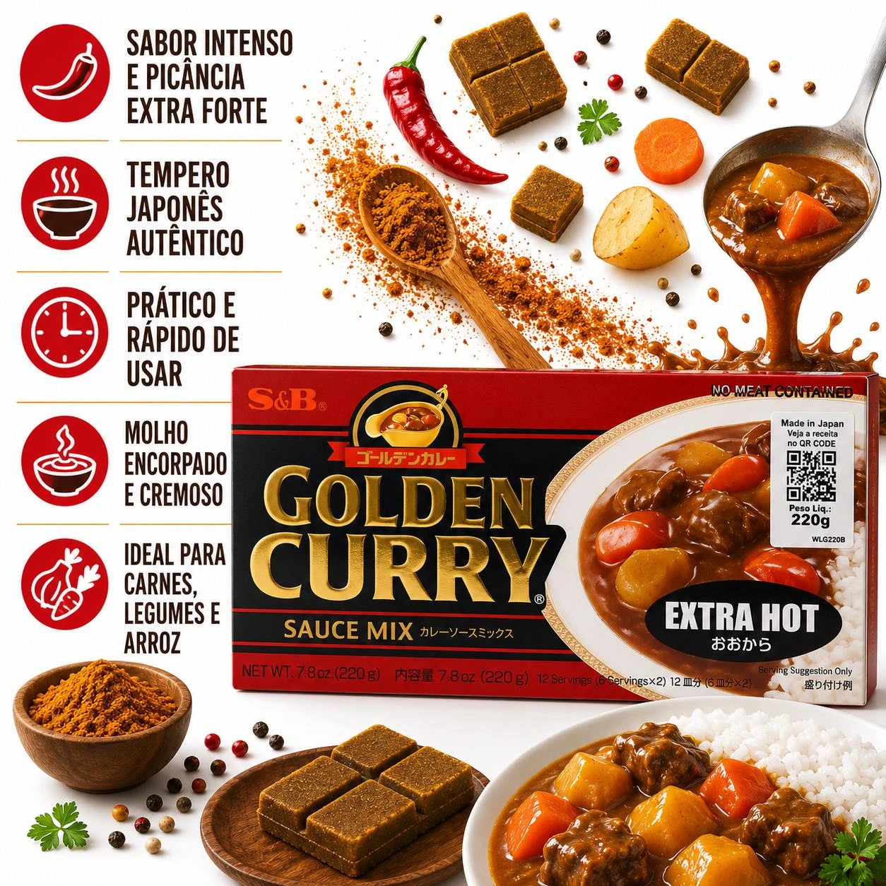 CURRY TABLETE GOLDEN CURRY S&B OOKARA EXTRA FORTE 220G JAPAO
