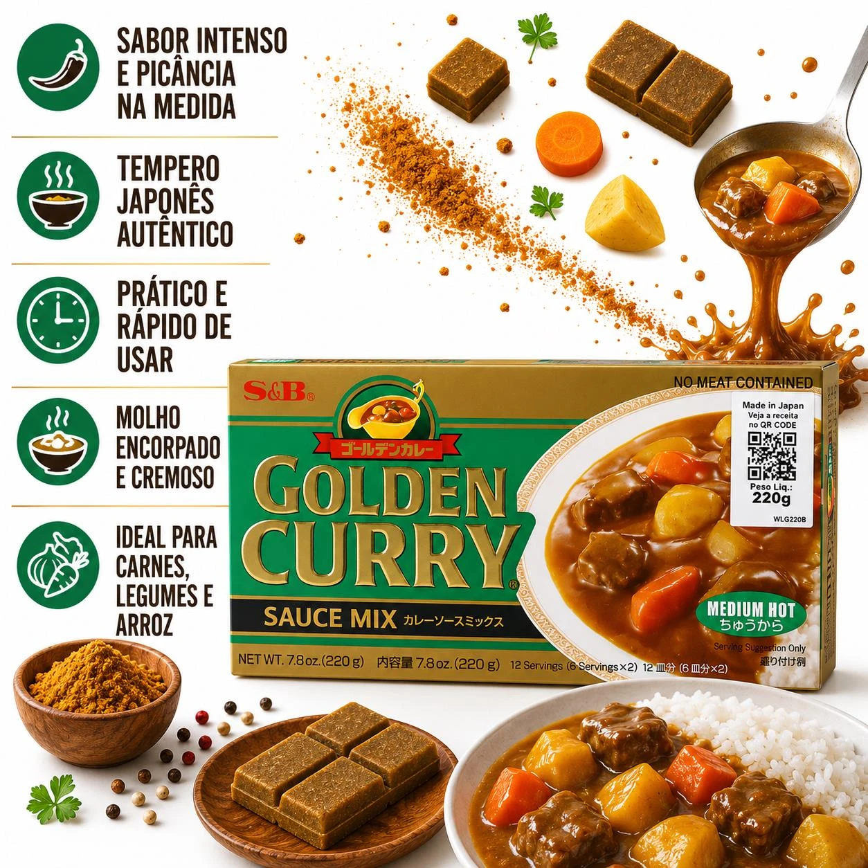 CURRY TABLETE GOLDEN CURRY S&B CHUKARA MEDIO 220G JAPAO