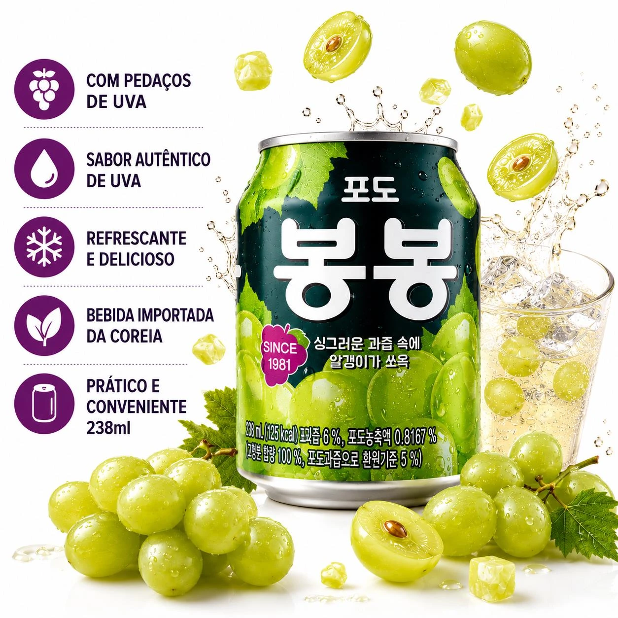 SUCO HAITAI BONBON UVA COM PEDACOS 238ML COREIA