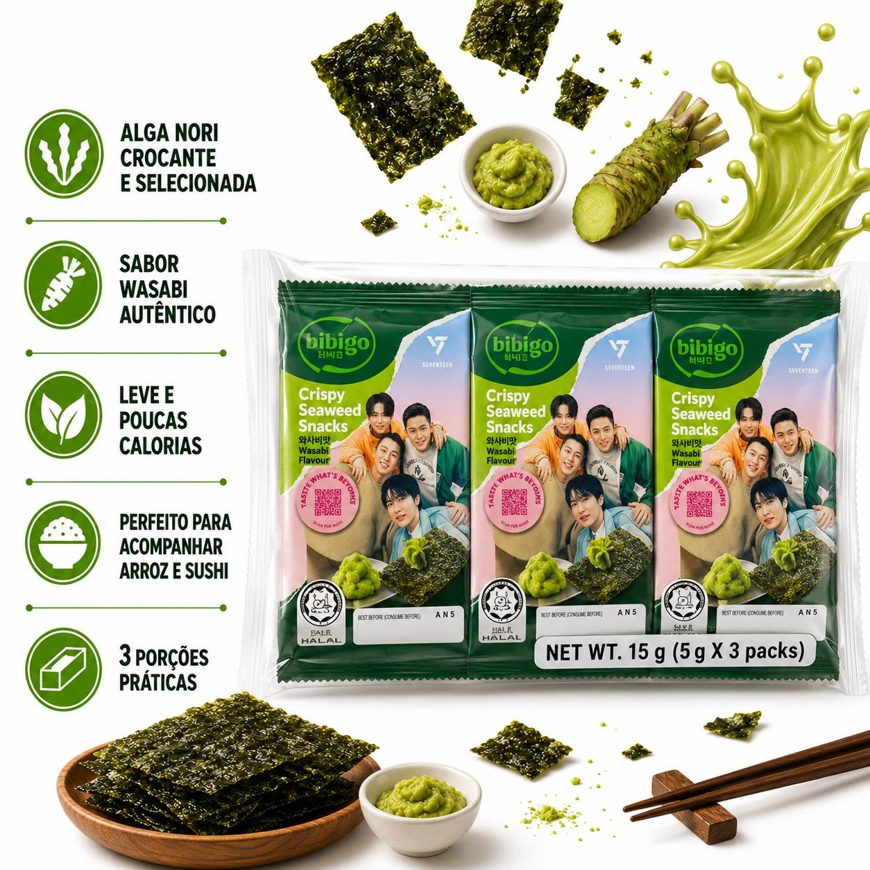 SNACK ALGA NORI BIBIGO WASABI 3X5G 15G COREIA