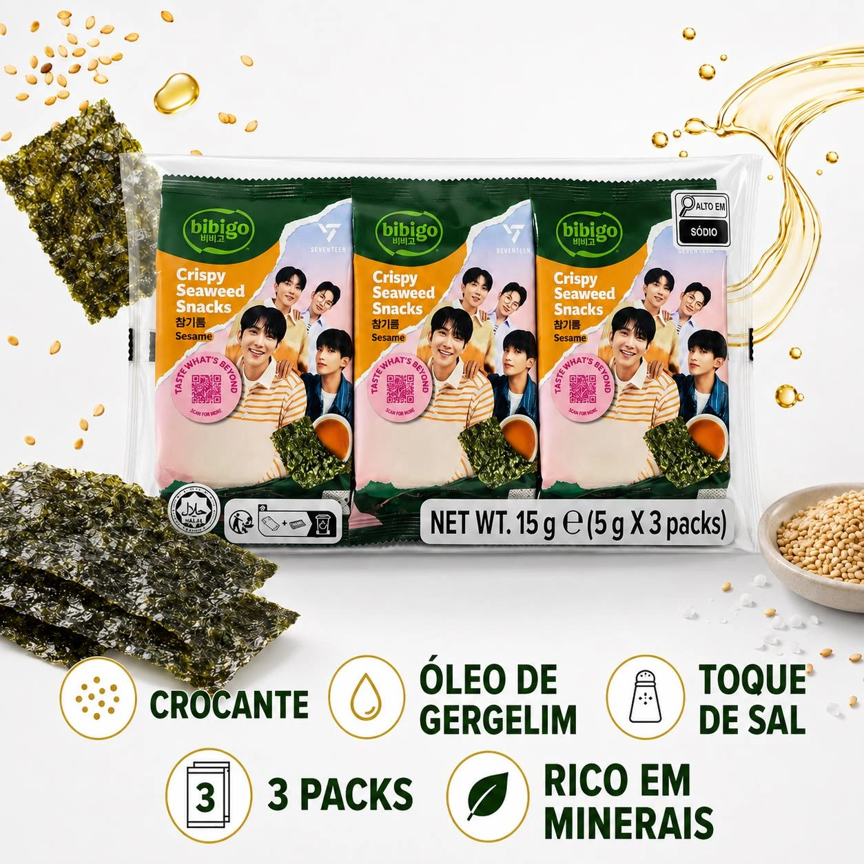 SNACK ALGA NORI BIBIGO OLEO GERGELIM E SAL 3X5G 15G COREIA