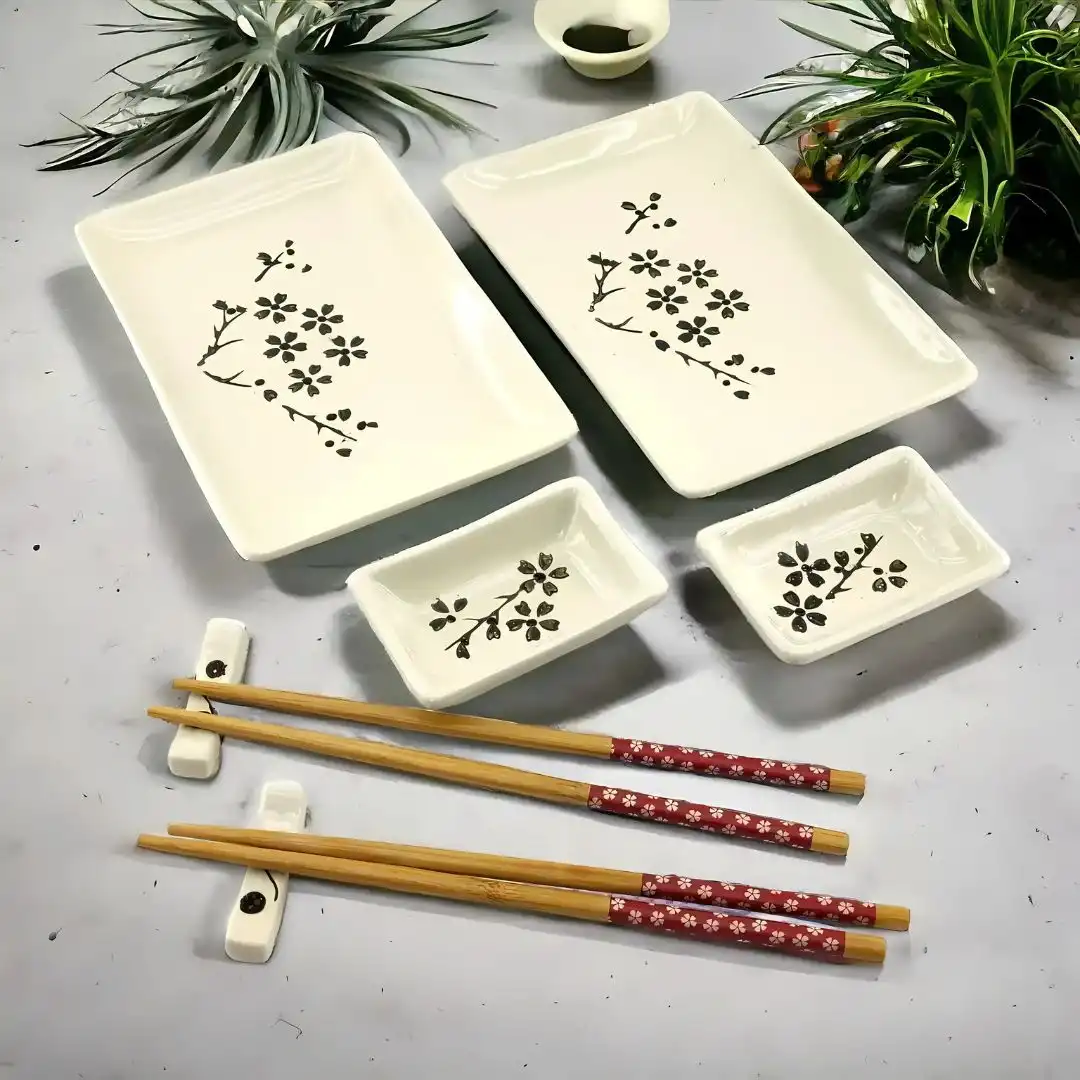 KIT MESA PARA SUSHI PORCELANA 8PCS SAKURA PRETO JP0241 CHINA