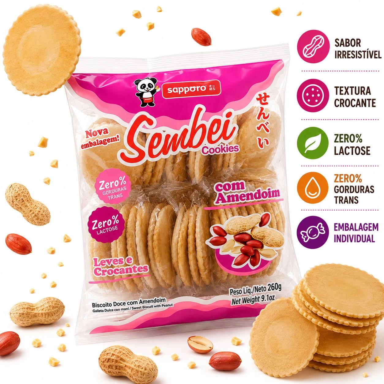 BISCOITO SEMBEI COOKIES SAPPORO AMENDOIM 260G