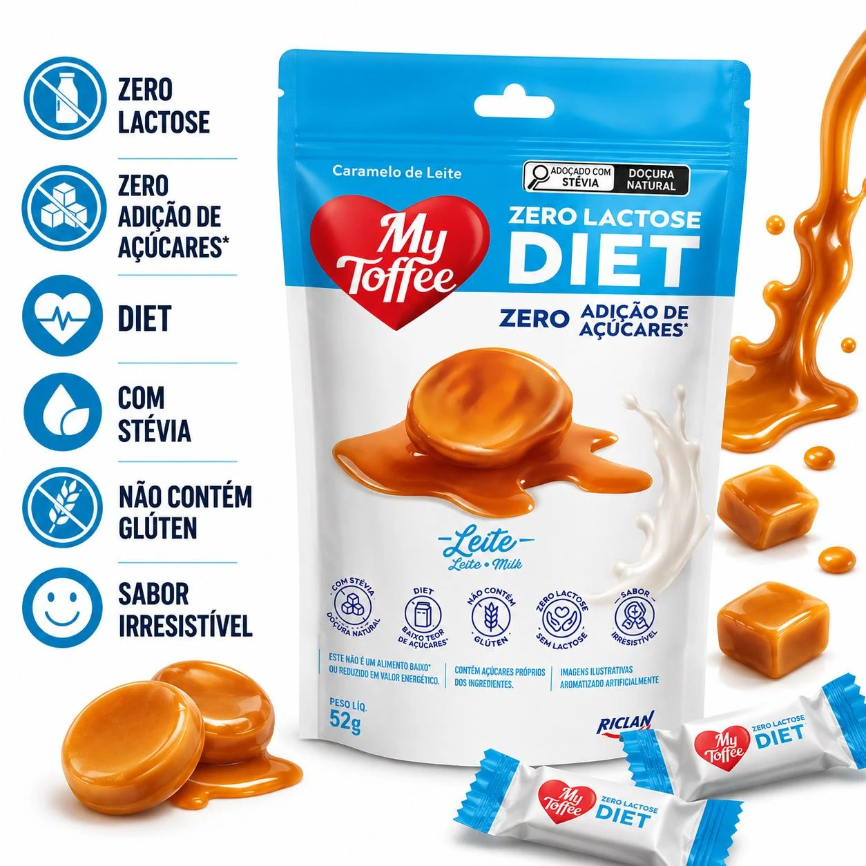 BALA CARAMELO DE LEITE MY TOFFEE 52G DIET ZERO LACTOSE