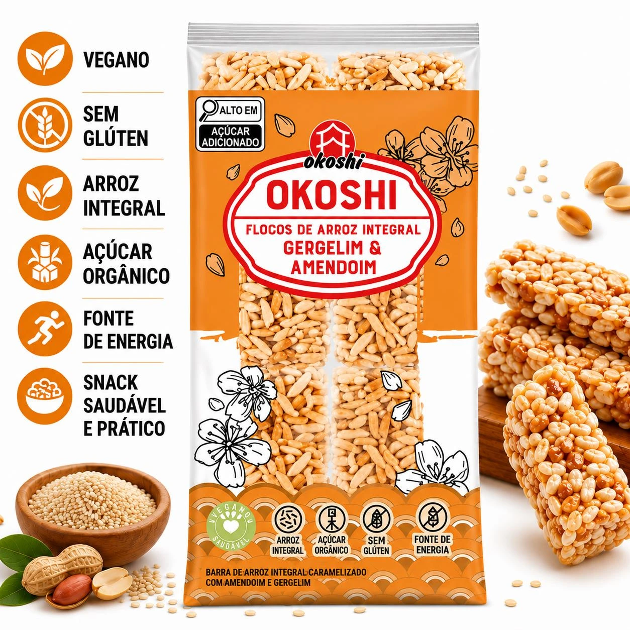 ARROZ CARAMELIZADO OKOSHI INTEGRAL GERGELIM E AMENDOIM 120G