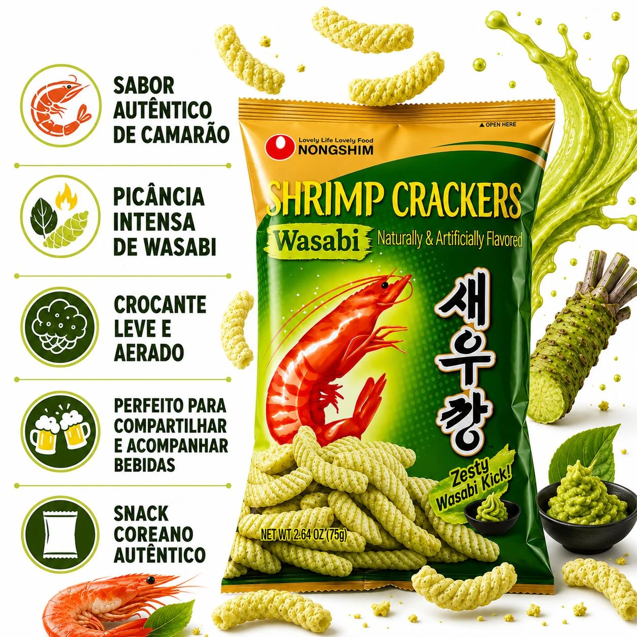 SALGADINHO SHRIMP CRACKER NONGSHIM CAMARAO WASABI 75G COREIA