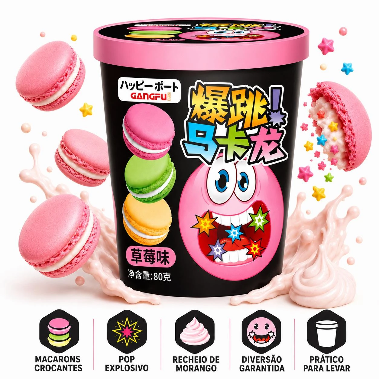 MACARONS POPPING CANDY GANGFU RECHEIO MORANGO EXPLOSIVO 80G